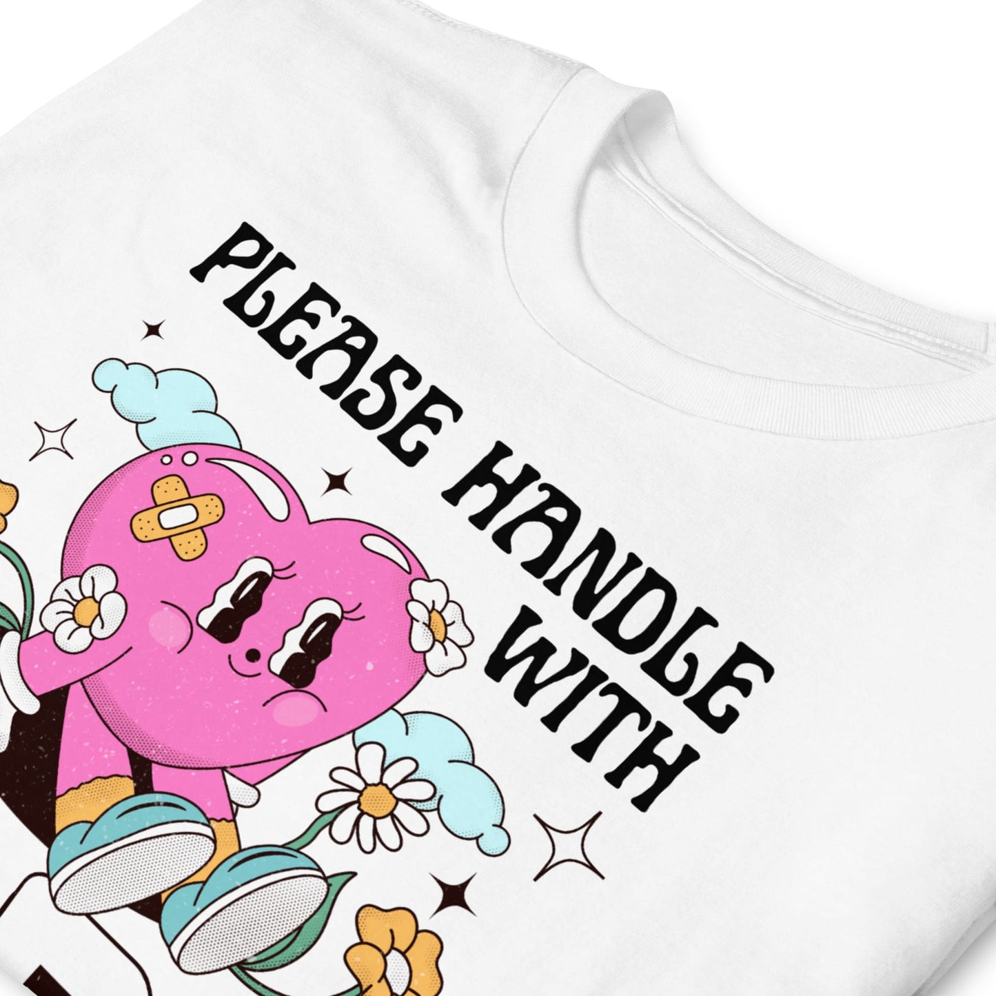 White sweatshirt with a cartoon character and text 'PLEASE HANDLE WITH CARE' on a white background: Cute Autism Shirt, Retro Neurospicy Tee For Autistic, Neurodivergent T-Shirt, AuDHD Awareness, Mental Health Top Visibility Gift For Warrior