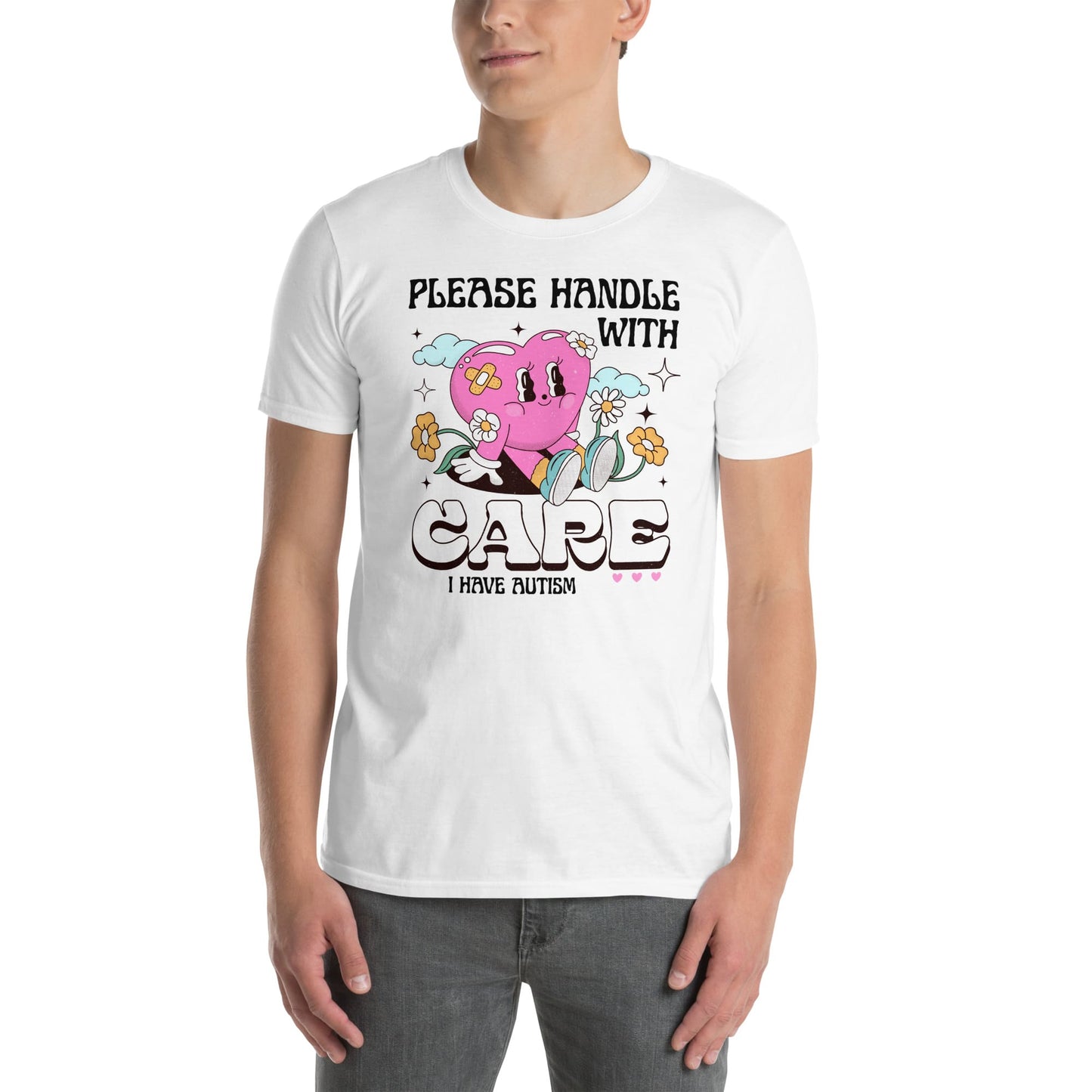 Person wearing a white t-shirt with a graphic design and text on a white background: Cute Autism Shirt, Retro Neurospicy Tee For Autistic, Neurodivergent T-Shirt, AuDHD Awareness, Mental Health Top Visibility Gift For Warrior