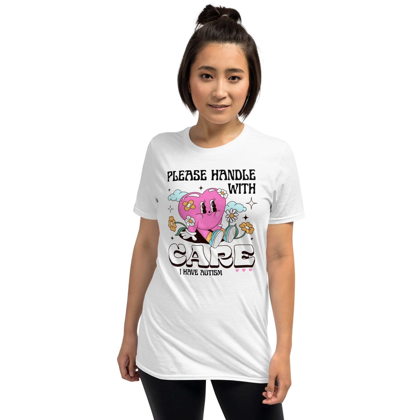 Person wearing a white t-shirt with a graphic design and text on a white background: Cute Autism Shirt, Retro Neurospicy Tee For Autistic, Neurodivergent T-Shirt, AuDHD Awareness, Mental Health Top Visibility Gift For Warrior
