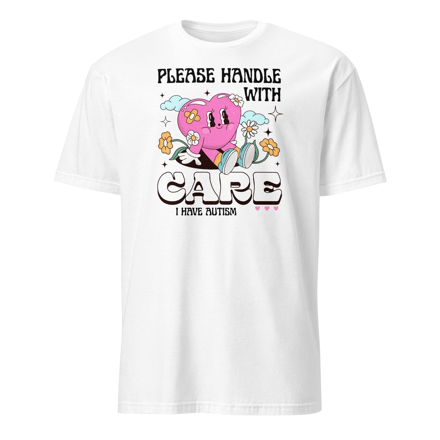 White t-shirt with a cartoon character and text on a white background: Cute Autism Shirt, Retro Neurospicy Tee For Autistic, Neurodivergent T-Shirt, AuDHD Awareness, Mental Health Top Visibility Gift For Warrior