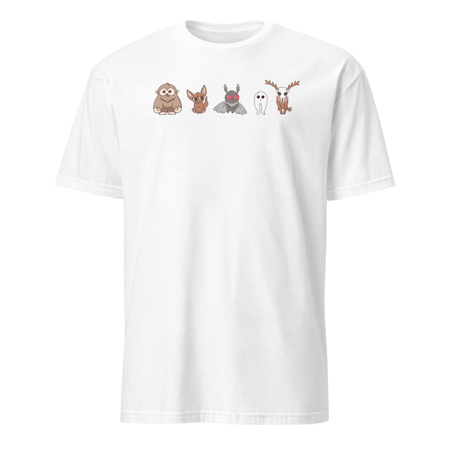 White t-shirt with cartoon animal designs on a white background: Cute Cryptids Comfort Colors Shirt, Kawaii Bigfoot Chupacabra Mothman Fresno Wendigo Tee, Funny Cryptidcore Gift, Folklore Mythology T-Shirt