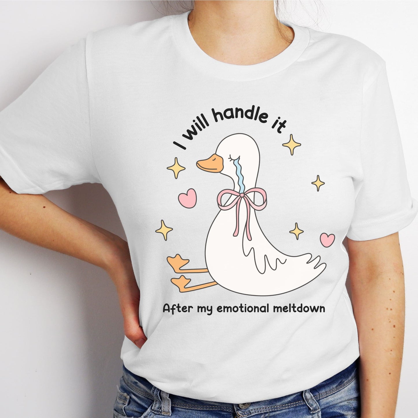 White t-shirt with a cartoon duck and text design, worn by a person: Cute Mental Health Shirt, Funny Anxiety Tee, Sad Goose With Emotional Meltdown T-Shirt, Depression Or Neurospicy Gift, Autistic Breakdown