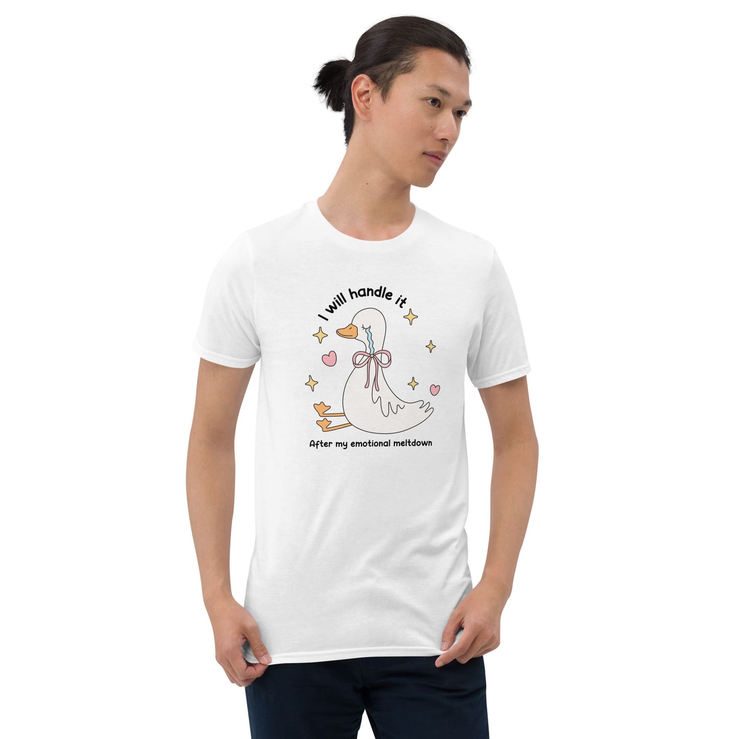 Man wearing a white t-shirt with a goose graphic and text on a white background: Cute Mental Health Shirt, Funny Anxiety Tee, Sad Goose With Emotional Meltdown T-Shirt, Depression Or Neurospicy Gift, Autistic Breakdown