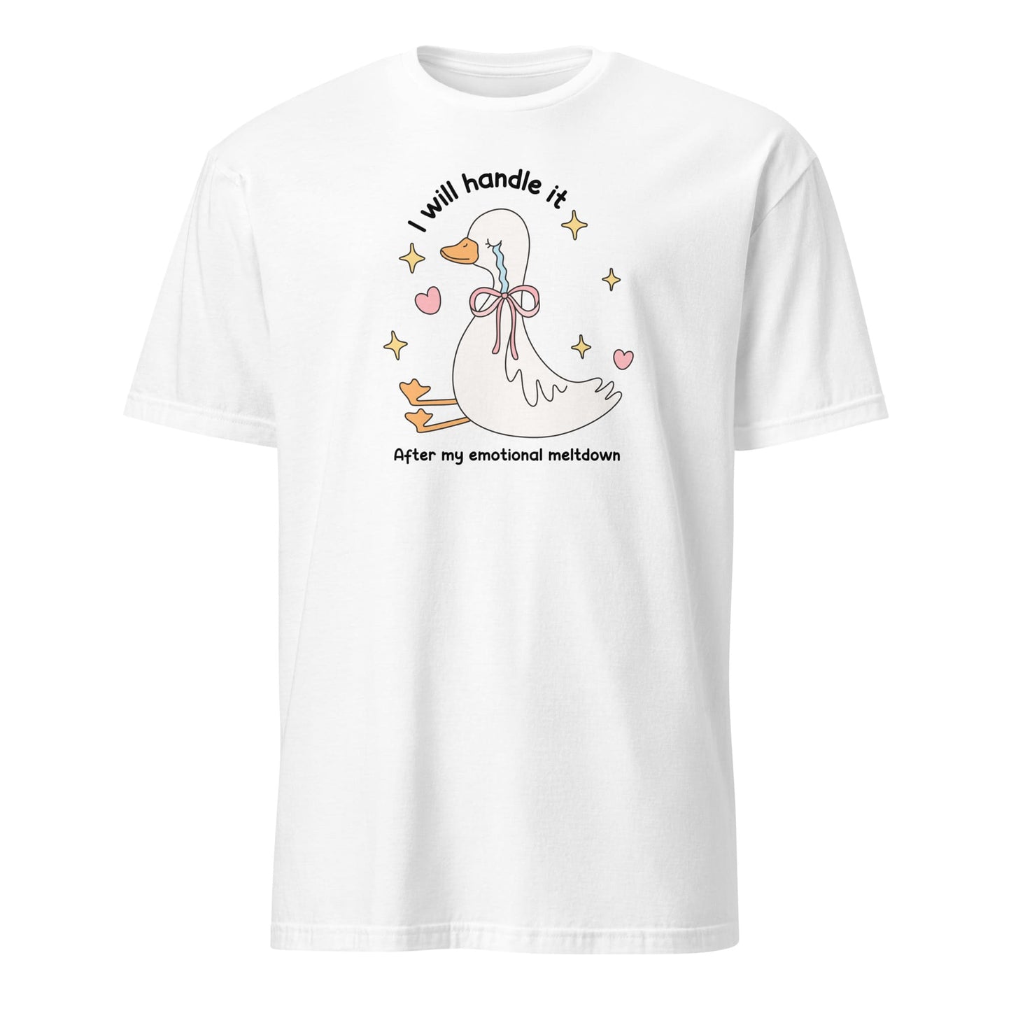 White t-shirt with a cartoon duck and text on a white background: Cute Mental Health Shirt, Funny Anxiety Tee, Sad Goose With Emotional Meltdown T-Shirt, Depression Or Neurospicy Gift, Autistic Breakdown