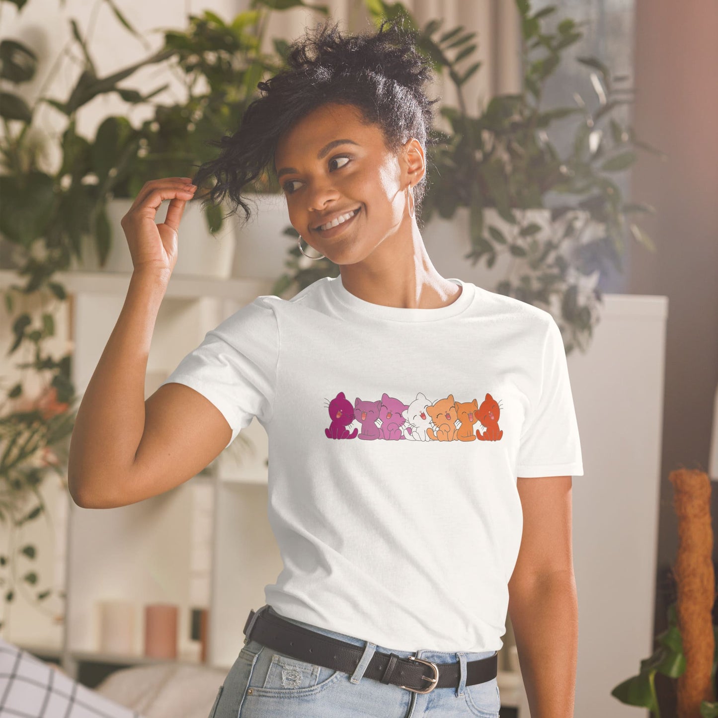 lesbian shirt, cute cats sunset flag colors tee, in use 2
