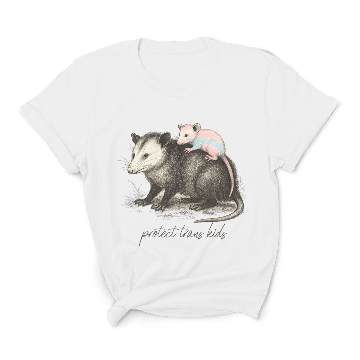 White t-shirt with an illustration of a possum and baby opossum, and text 'protect trans kids' on a white background: Protect Trans Kids Shirt, Transgender Pride Tee, Cute Opossum Tee, Fight Trans Rights, FTM MTF Mom Ally Gift, LGBT Support Outfit, Mama Bear