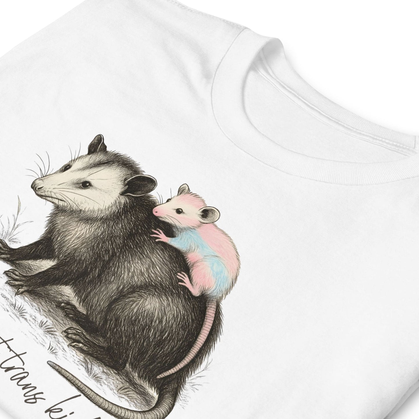 White t-shirt with a graphic of an opossum and her baby on a white background: Protect Trans Kids Shirt, Transgender Pride Tee, Cute Opossum Tee, Fight Trans Rights, FTM MTF Mom Ally Gift, LGBT Support Outfit, Mama Bear