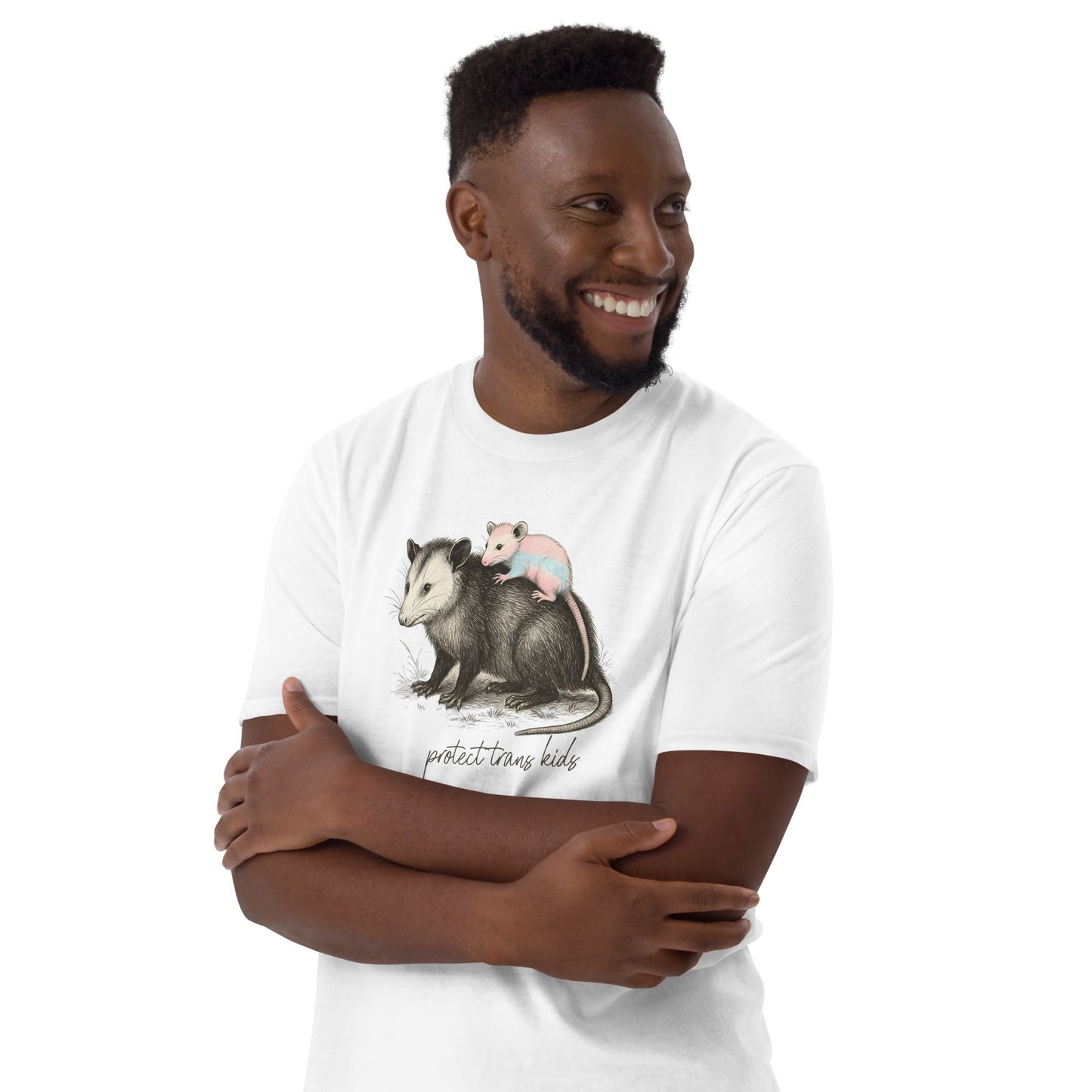 Man wearing a white t-shirt with an opossum graphic and text, standing against a white background: Protect Trans Kids Shirt, Transgender Pride Tee, Cute Opossum Tee, Fight Trans Rights, FTM MTF Mom Ally Gift, LGBT Support Outfit, Mama Bear