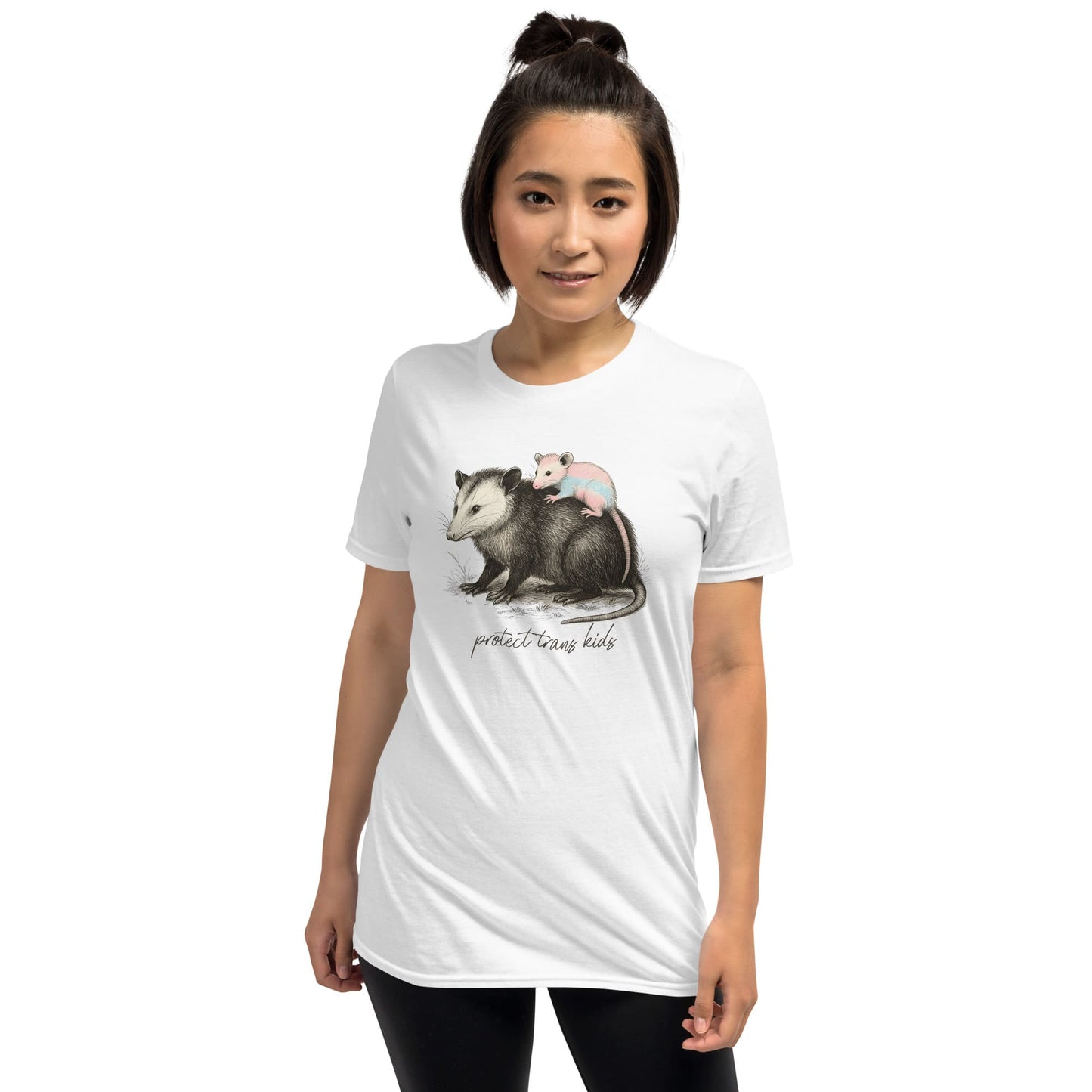 Person wearing a white t-shirt with an opossum graphic and text on a white background: Protect Trans Kids Shirt, Transgender Pride Tee, Cute Opossum Tee, Fight Trans Rights, FTM MTF Mom Ally Gift, LGBT Support Outfit, Mama Bear