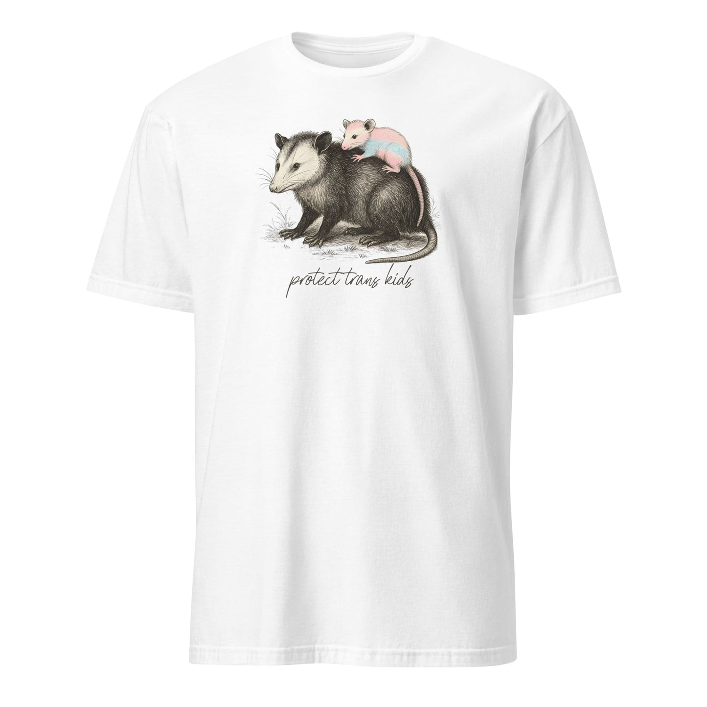 White t-shirt with an illustration of a opossum and baby, and text 'protect trans kids' on a white background: Protect Trans Kids Shirt, Transgender Pride Tee, Cute Opossum Tee, Fight Trans Rights, FTM MTF Mom Ally Gift, LGBT Support Outfit, Mama Bear