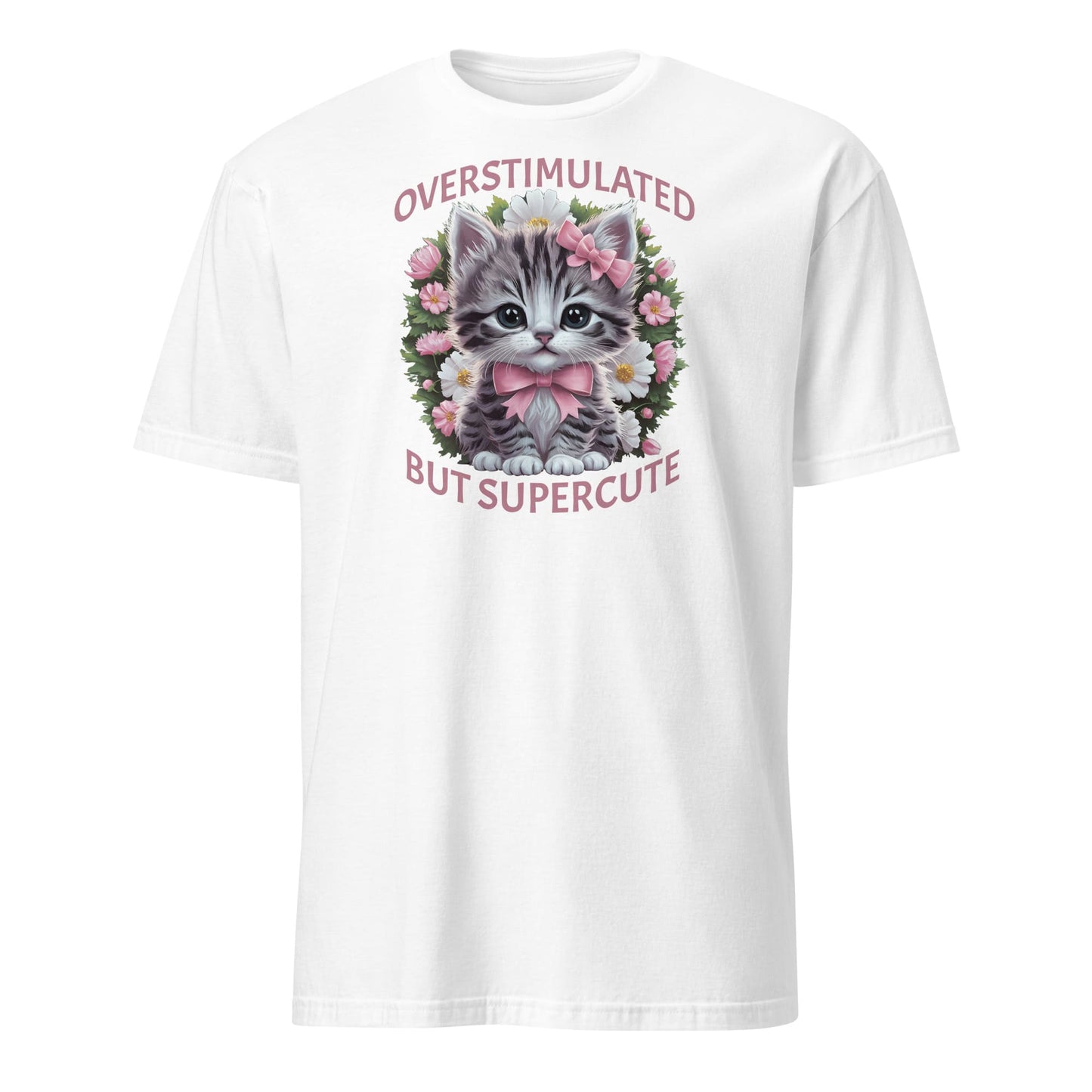 White t-shirt with a kitten graphic and text on a white background: Overstimulated Shirt, Neurodiversity Tee, ADHD Burnout Tshirt, Autism Awareness, Gift For Neurospicy Autistic, Cute Pink Bow Cat T-Shirt