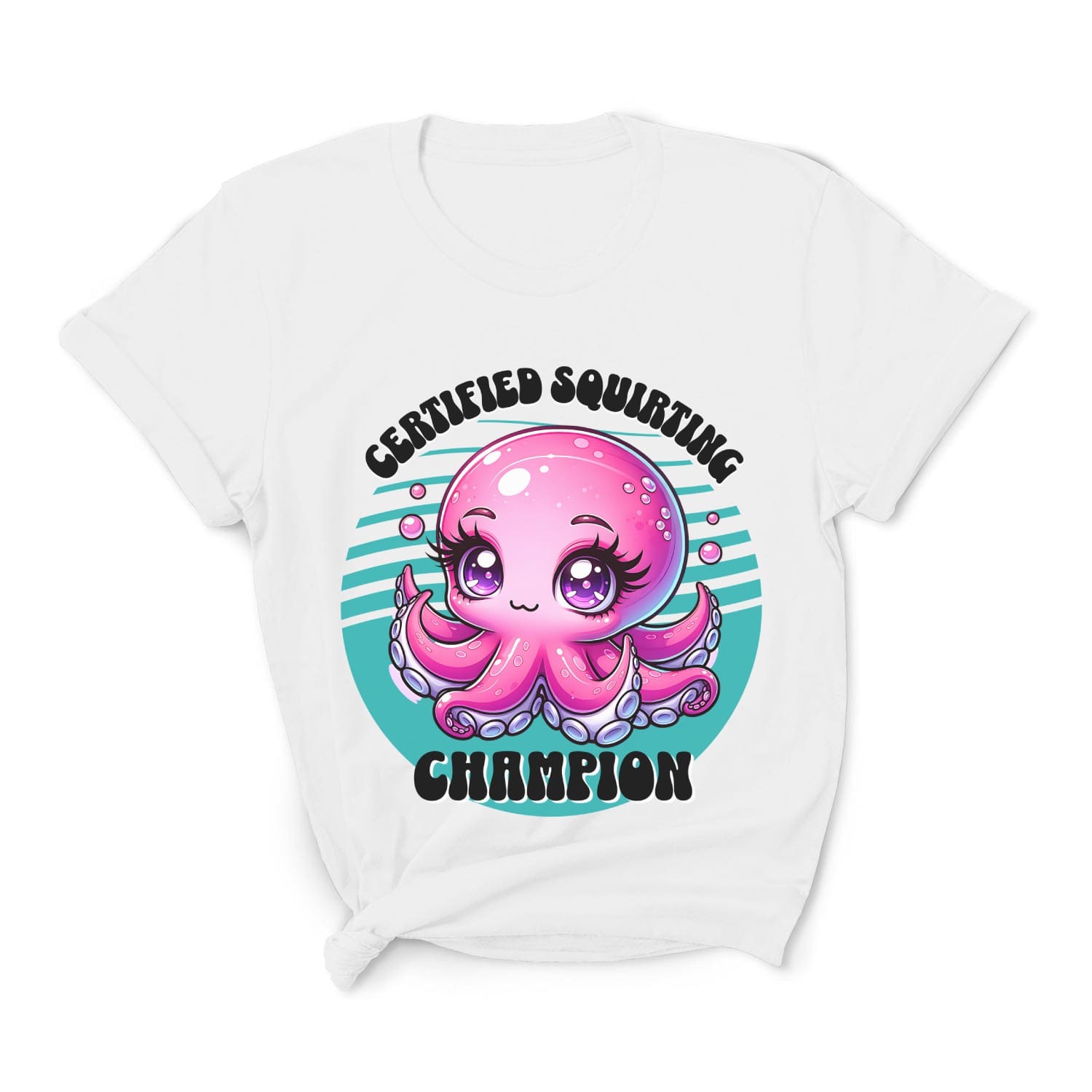 White t-shirt with a pink octopus graphic and text on a white background: Inappropriate Womens Shirt, Cute Squirter Tee, Unhinged Octopus Shirt, Funny Gag Gift, Offensive Meme T-Shirt, Squirting Adult Humor Shirt