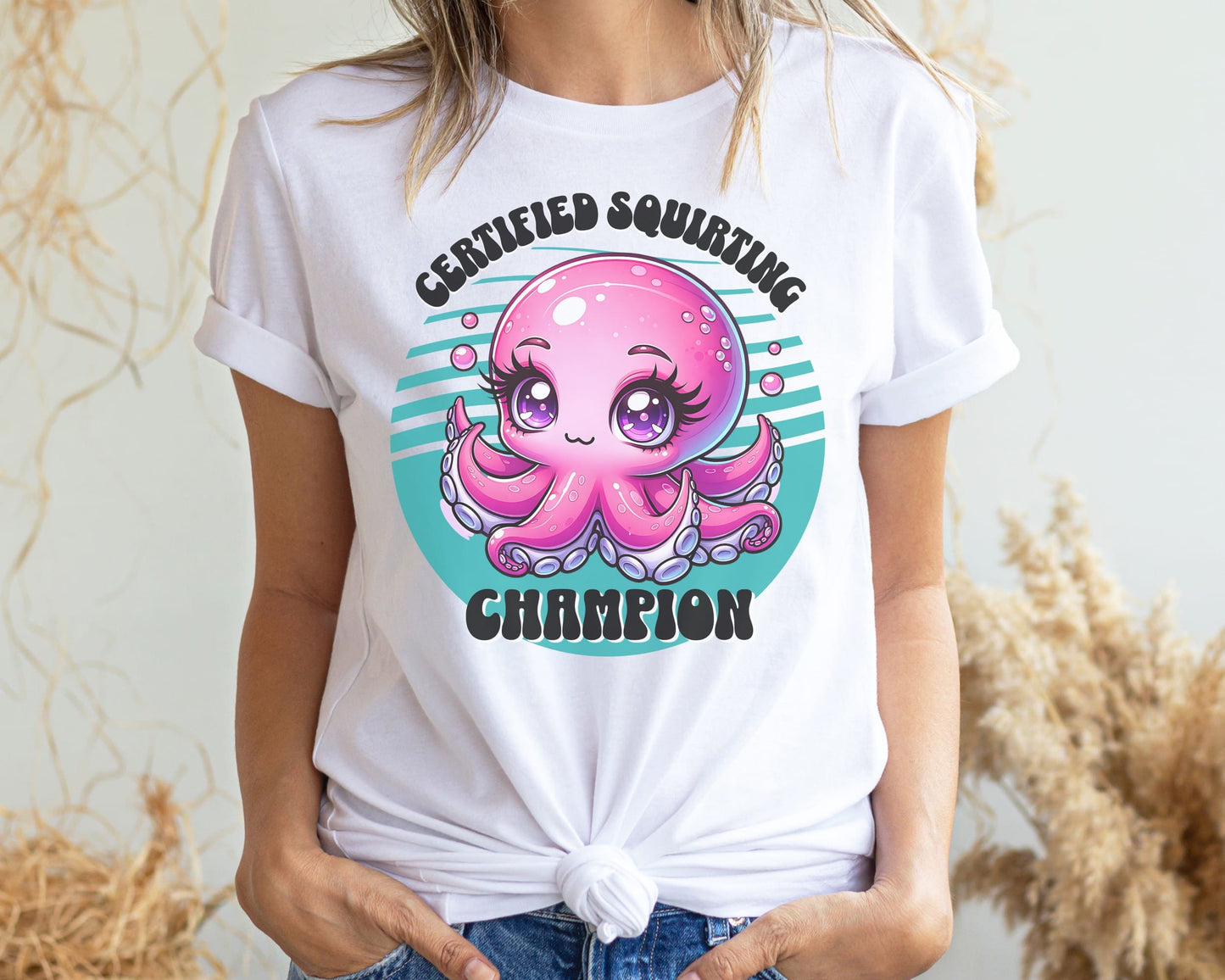 Person wearing a white t-shirt with a pink octopus graphic and text: Inappropriate Womens Shirt, Cute Squirter Tee, Unhinged Octopus Shirt, Funny Gag Gift, Offensive Meme T-Shirt, Squirting Adult Humor Shirt