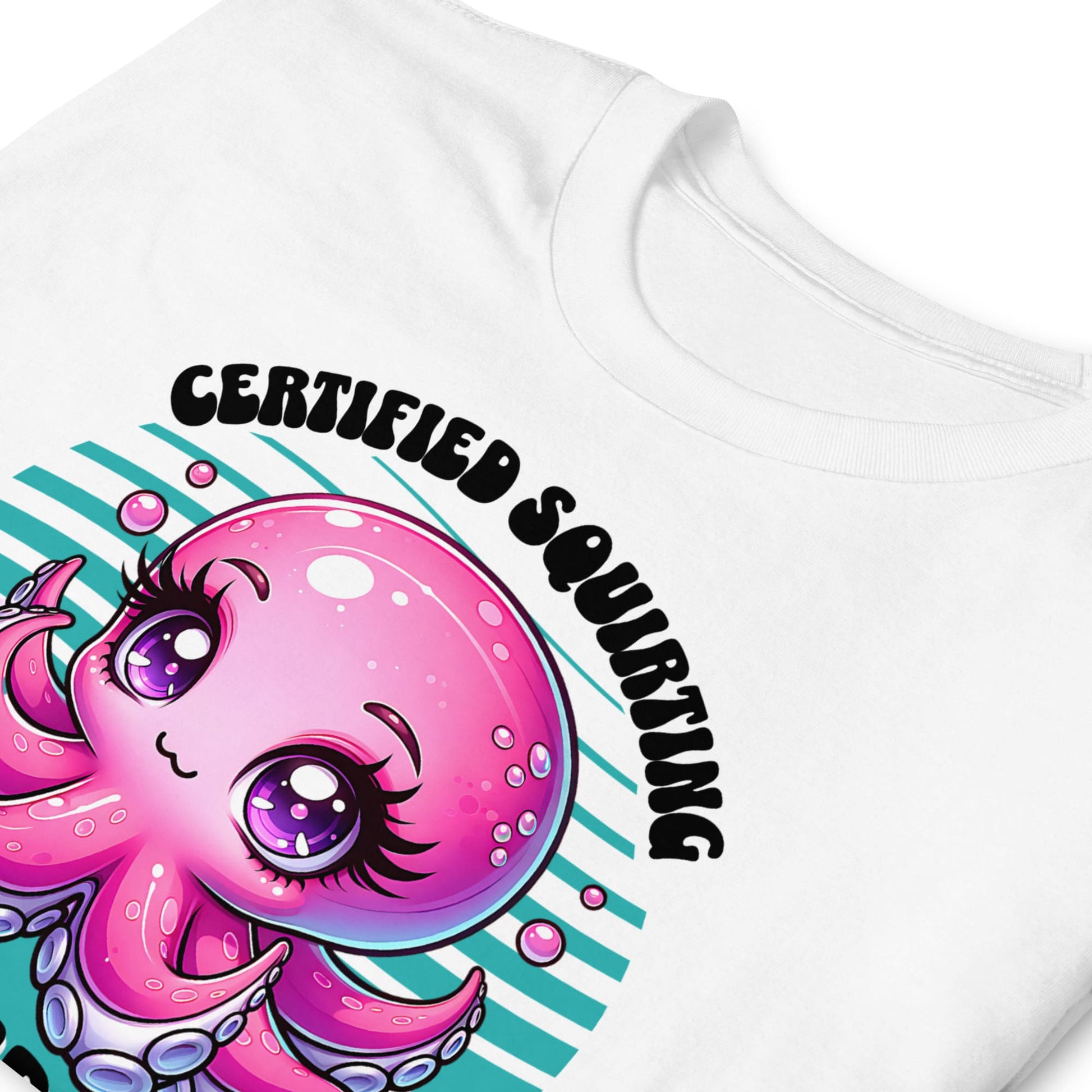 White t-shirt with a pink octopus graphic and text 'CERTIFIED SQUIRTING CHAMPION' on a white background: Inappropriate Womens Shirt, Cute Squirter Tee, Unhinged Octopus Shirt, Funny Gag Gift, Offensive Meme T-Shirt, Squirting Adult Humor Shirt