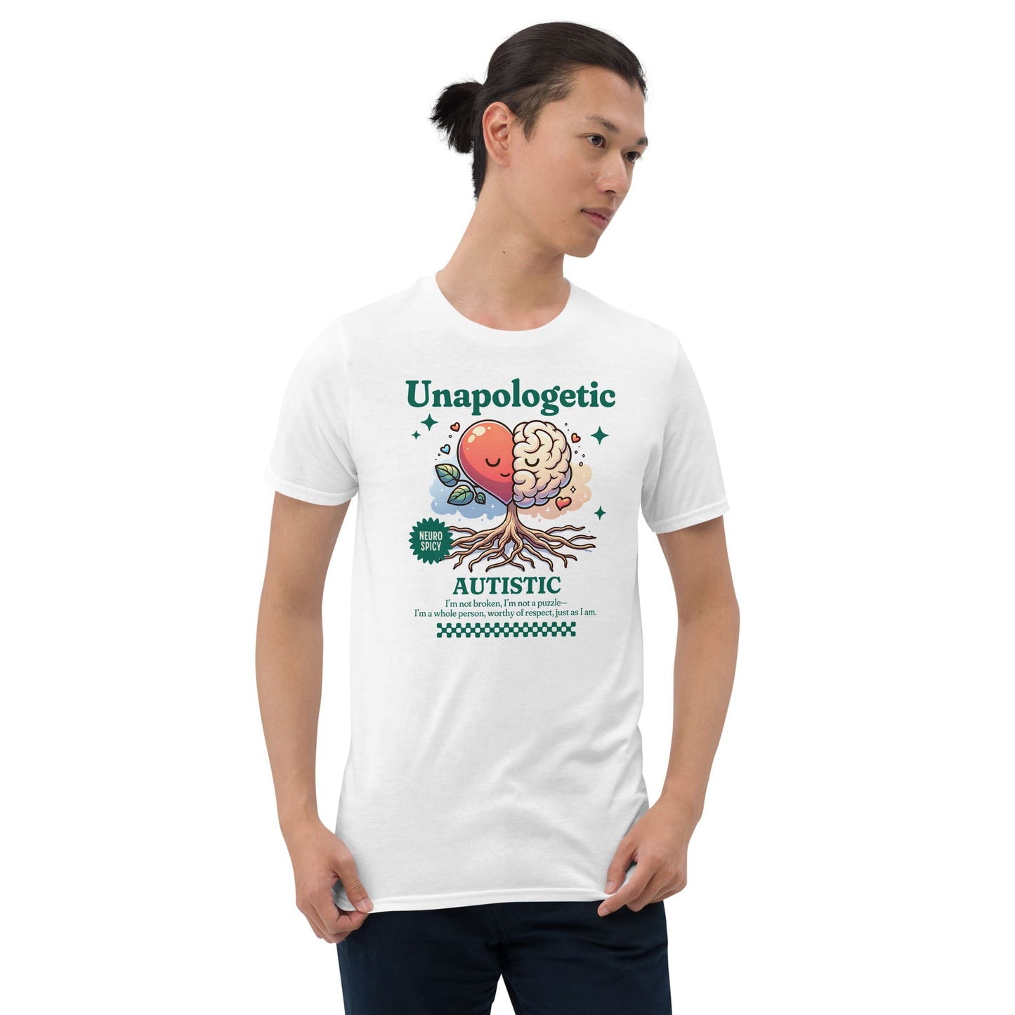 Person wearing a white t-shirt with a colorful graphic and text on a white background: Unapologetic Autistic Shirt, Cute Neurodivergent Tee, Overstimulated Gift For Neurospicy, Autism Acceptance TShirt, Neurodiversity Affirming
