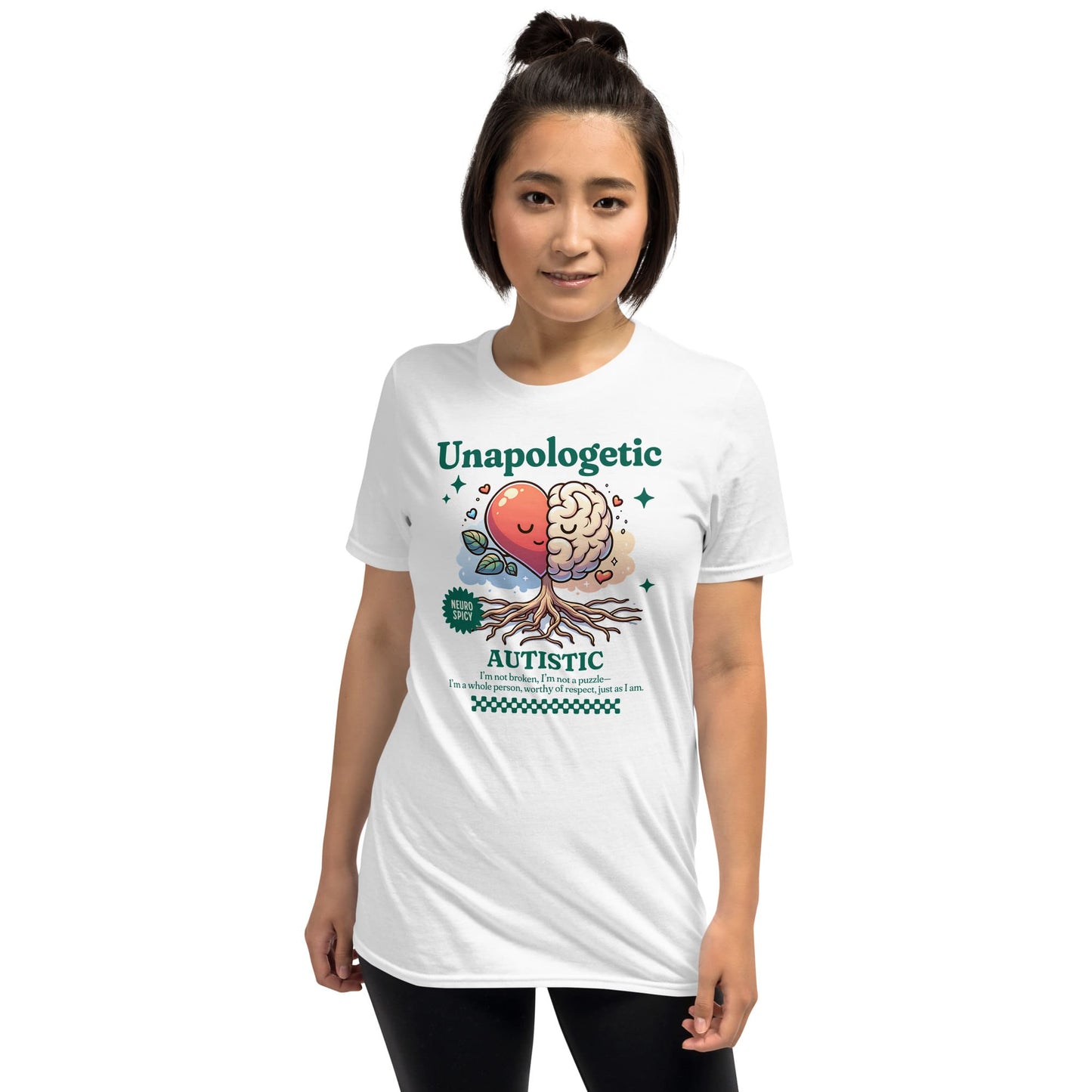 Person wearing a white t-shirt with a graphic design and text on a white background: Unapologetic Autistic Shirt, Cute Neurodivergent Tee, Overstimulated Gift For Neurospicy, Autism Acceptance TShirt, Neurodiversity Affirming