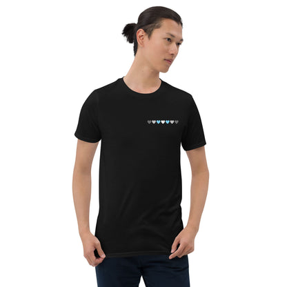 demiboy shirt, subtle demigender pride pocket design tee, model 1