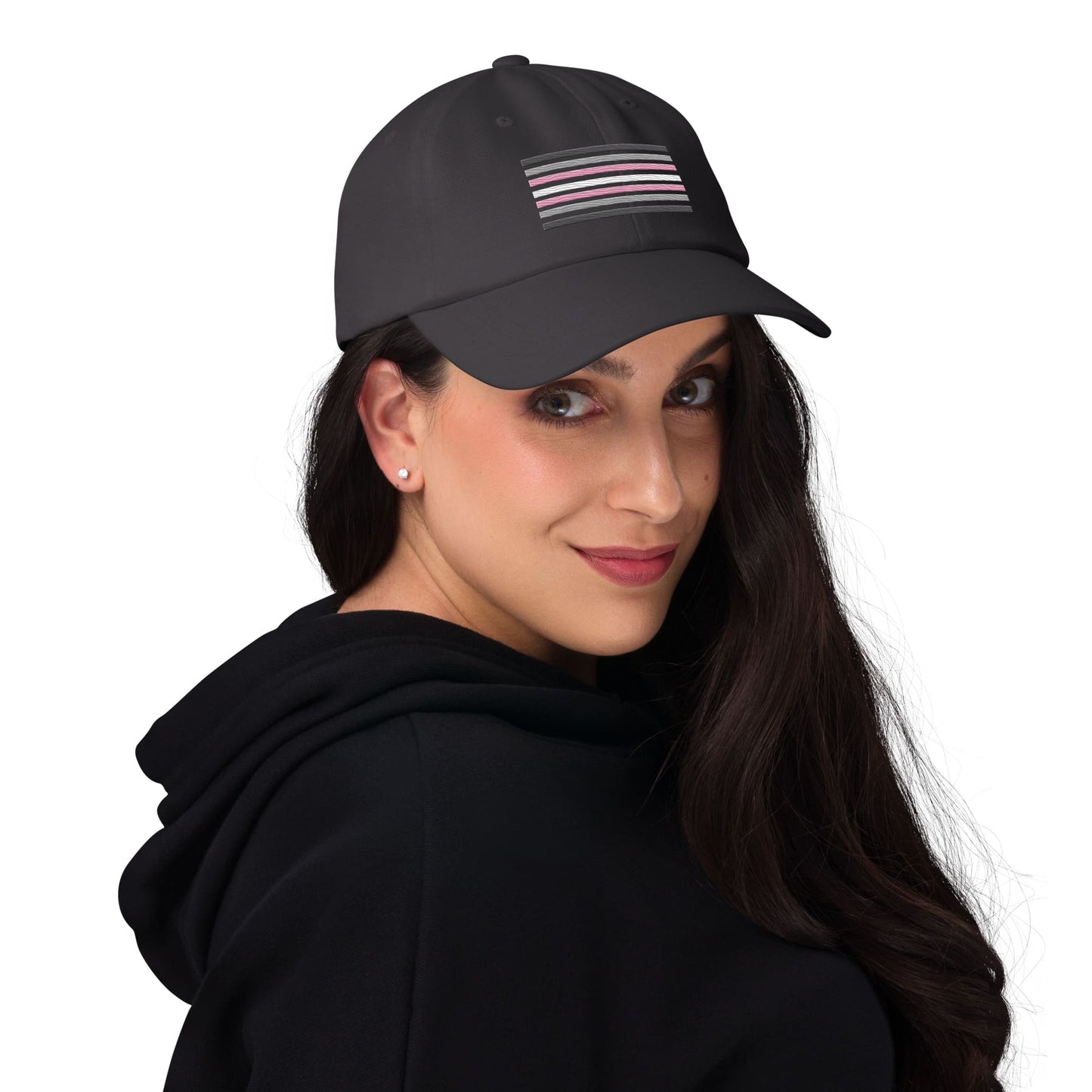 demigirl hat, demigender pride flag embroidered cap, model