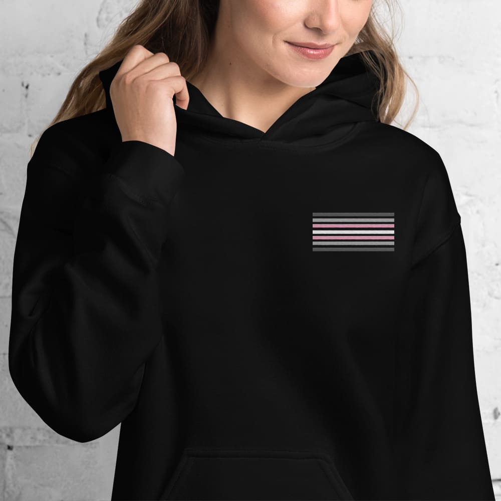 demigirl hoodie, subtle demigender pride flag embroidered pocket design hooded sweatshirt, model 1