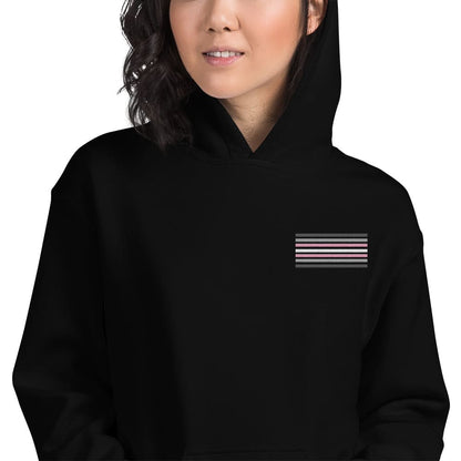 demigirl hoodie, subtle demigender pride flag embroidered pocket design hooded sweatshirt, model 2