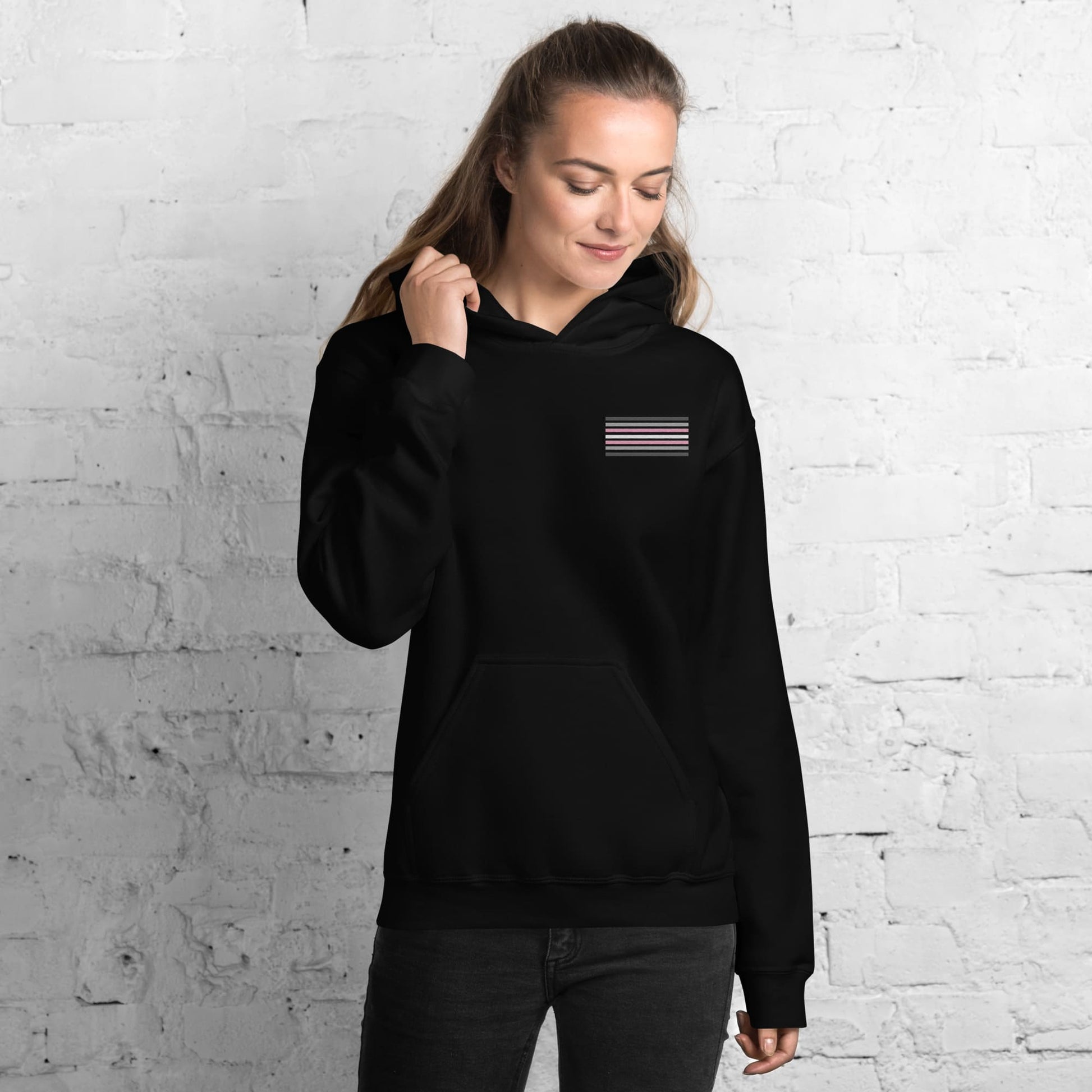 demigirl hoodie, subtle demigender pride flag embroidered pocket design hooded sweatshirt, model 1