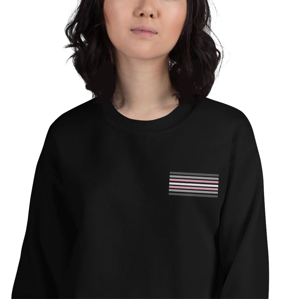 demigirl sweatshirt, subtle demigender pride flag embroidered pocket design sweater, model 2