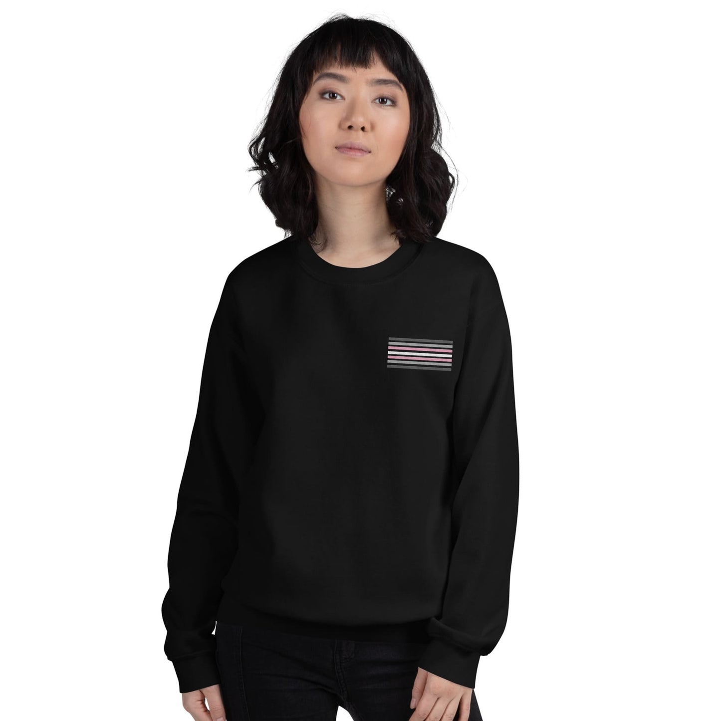 demigirl sweatshirt, subtle demigender pride flag embroidered pocket design sweater, model 2
