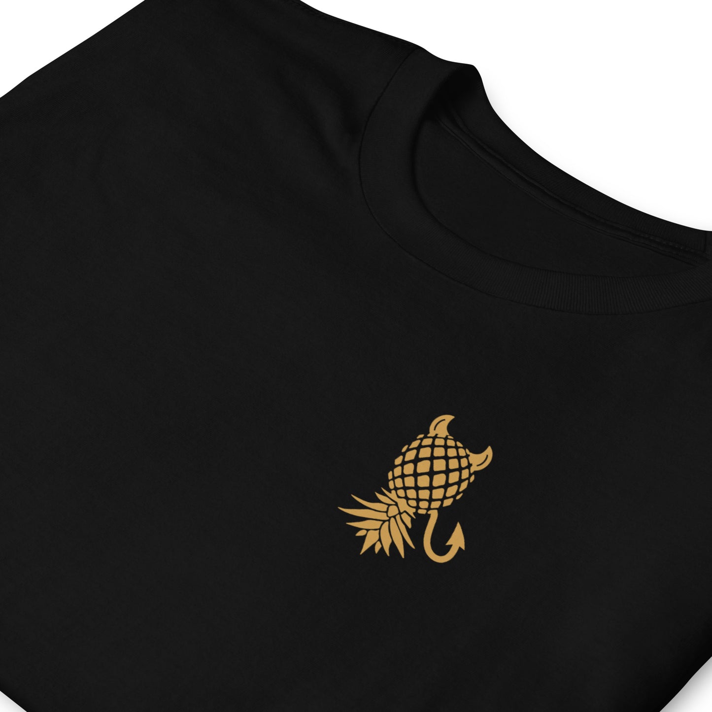 Black t-shirt with a gold pineapple and hook design on a white background: Subtle Swingers Lifestyle Shirt, Devilish Upside Down Pineapple Tee, Funny Gift For Swinging Non Monogamy Couples, Adult Humor T-Shirt