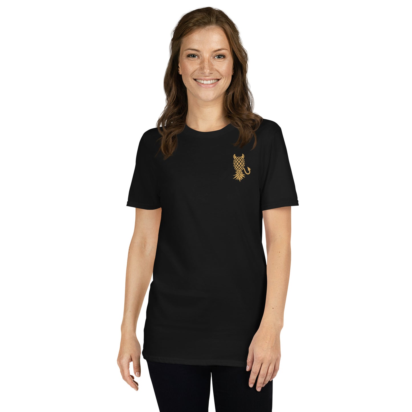 Woman wearing a black t-shirt with a gold emblem on a white background: Subtle Swingers Lifestyle Shirt, Devilish Upside Down Pineapple Tee, Funny Gift For Swinging Non Monogamy Couples, Adult Humor T-Shirt