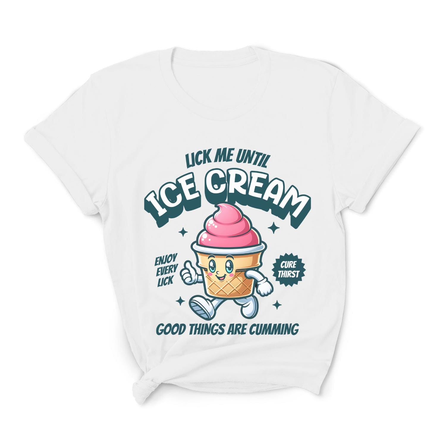 White t-shirt with ice cream cartoon and text on a white background: Inappropriate Womens Shirt, Embarrassing Summer Tee, Retro Unhinged Ice Cream Shirt, Funny Gag Gift, Offensive Meme T-Shirt, Adult Humor