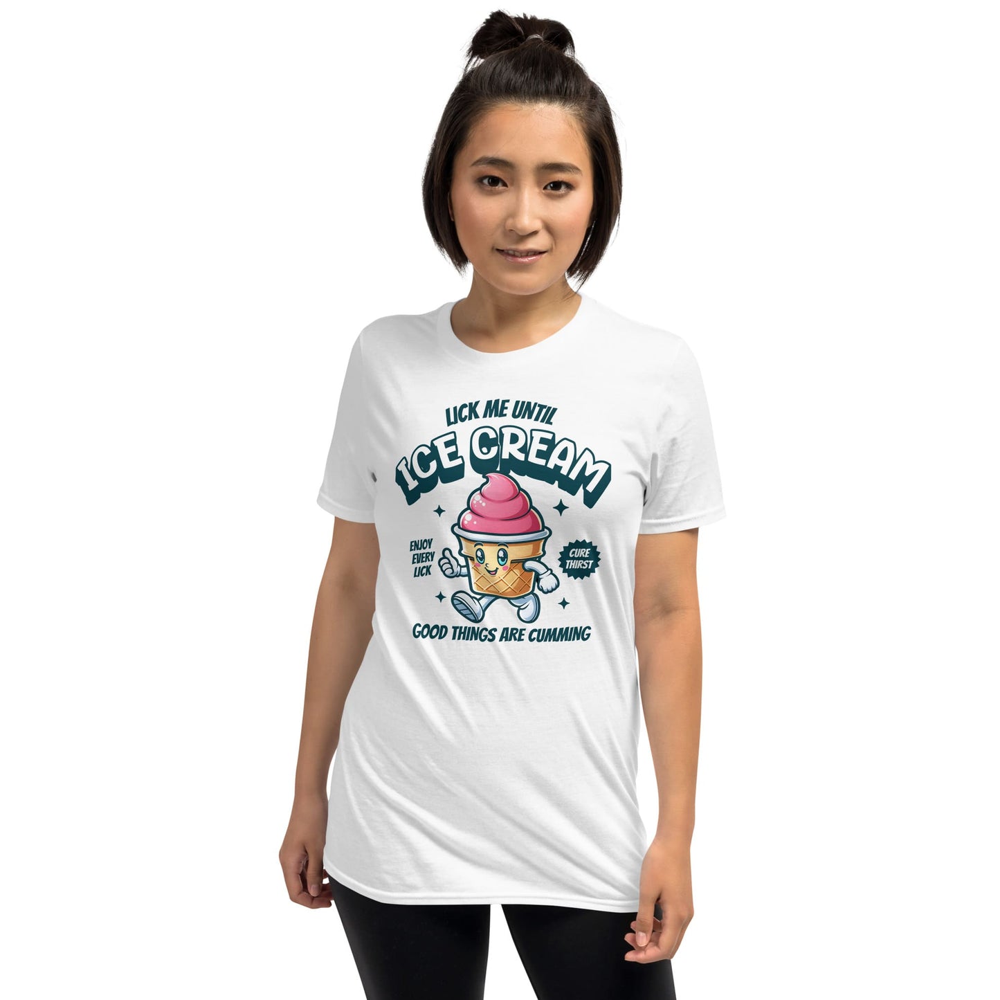 Person wearing a white t-shirt with an ice cream graphic and text on a white background: Inappropriate Womens Shirt, Embarrassing Summer Tee, Retro Unhinged Ice Cream Shirt, Funny Gag Gift, Offensive Meme T-Shirt, Adult Humor