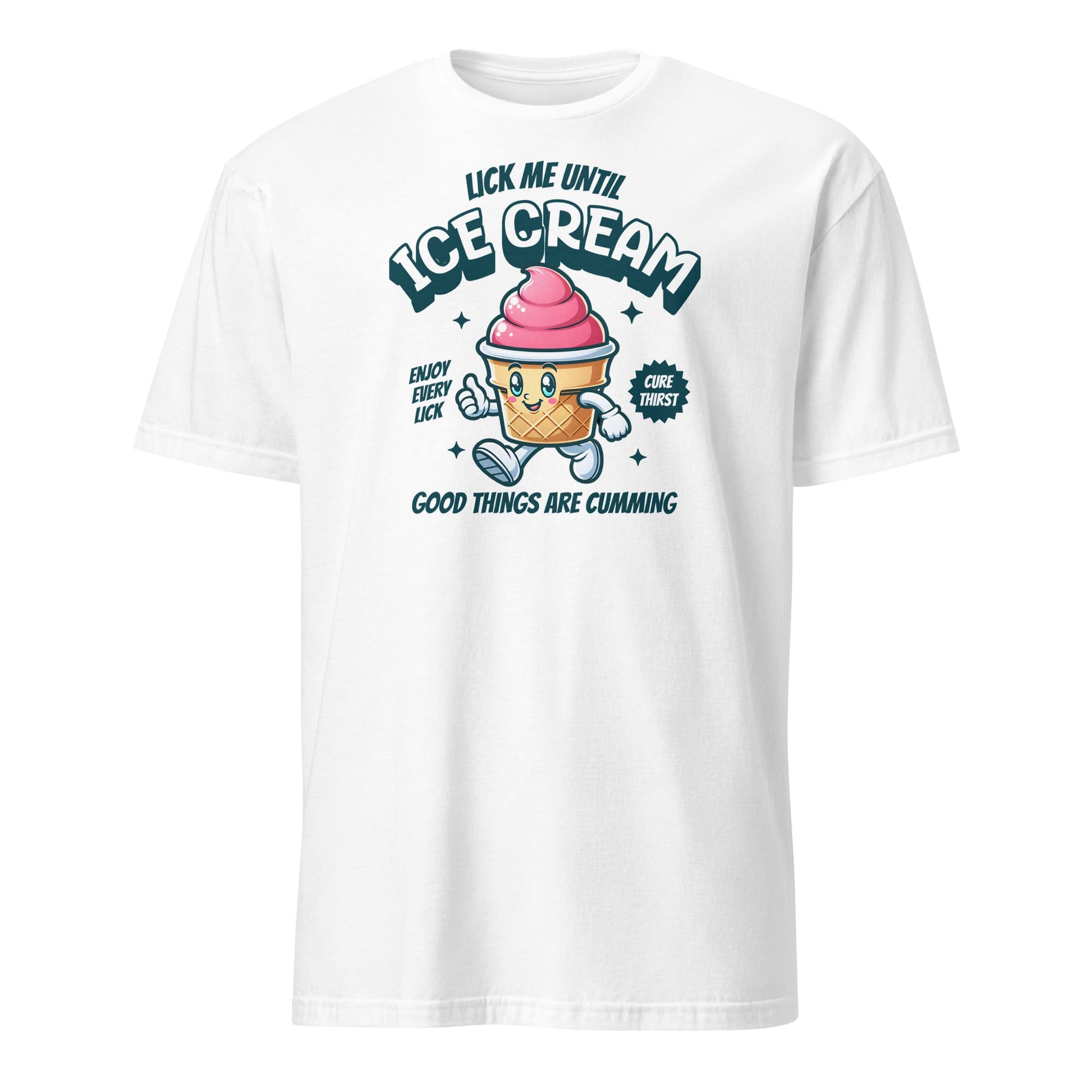 White t-shirt with ice cream graphic and text on a white background: Inappropriate Womens Shirt, Embarrassing Summer Tee, Retro Unhinged Ice Cream Shirt, Funny Gag Gift, Offensive Meme T-Shirt, Adult Humor