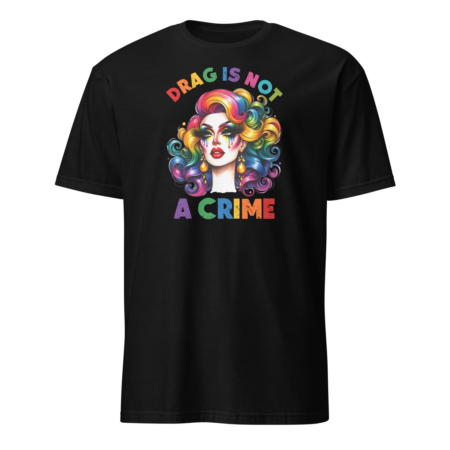 Black t-shirt with a colorful graphic of a drag queen and text 'DRAG IS NOT A CRIME' on a white background: Drag Is Not a Crime Shirt, Drag Queen Pride Tee, Protect Drag Tshirt, Pro Drag Statement Top LGBTQ Gay Pride Month Inclusivity Equality Gift