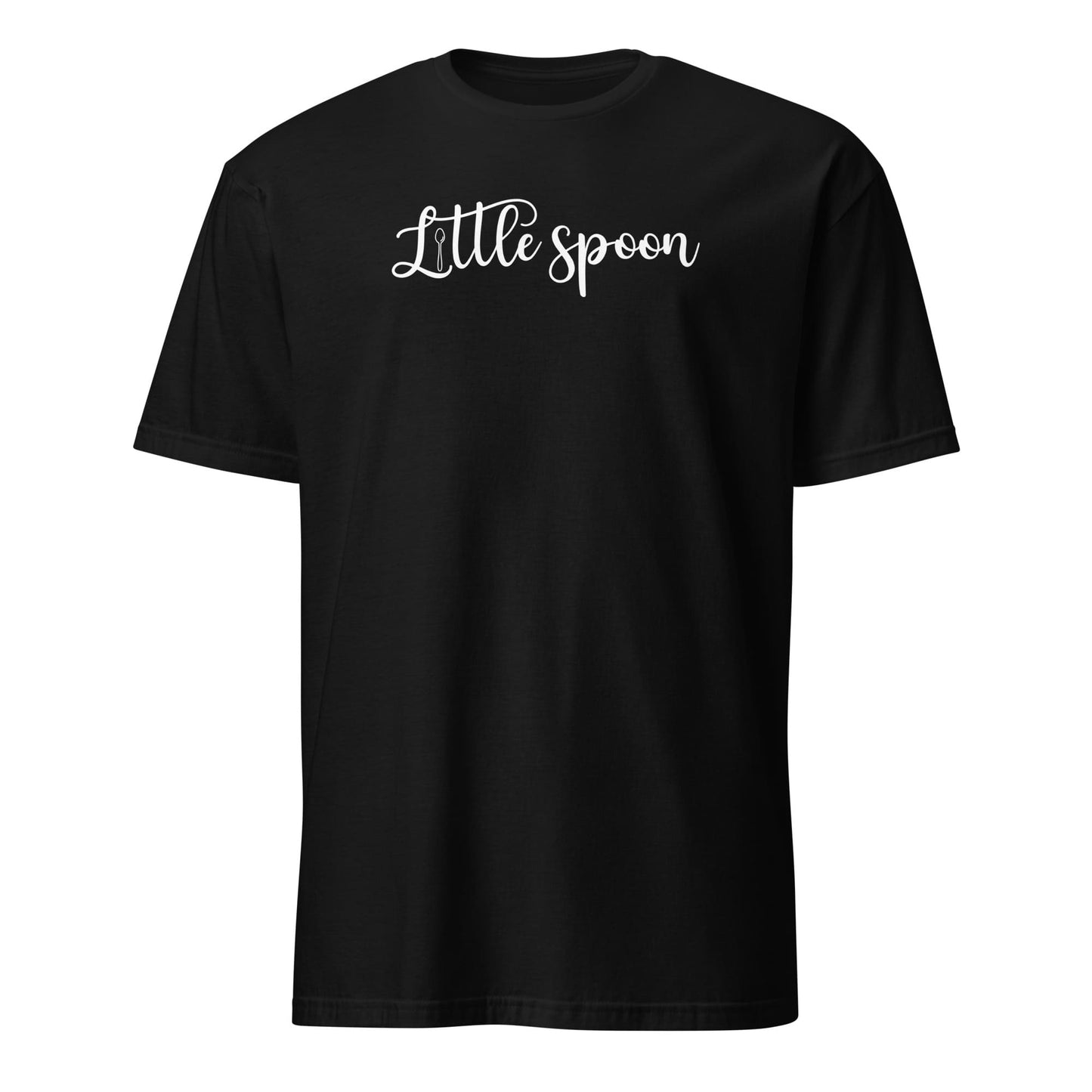 Black polyamory ENM t-shirt with 'Little spoon' text on a white background