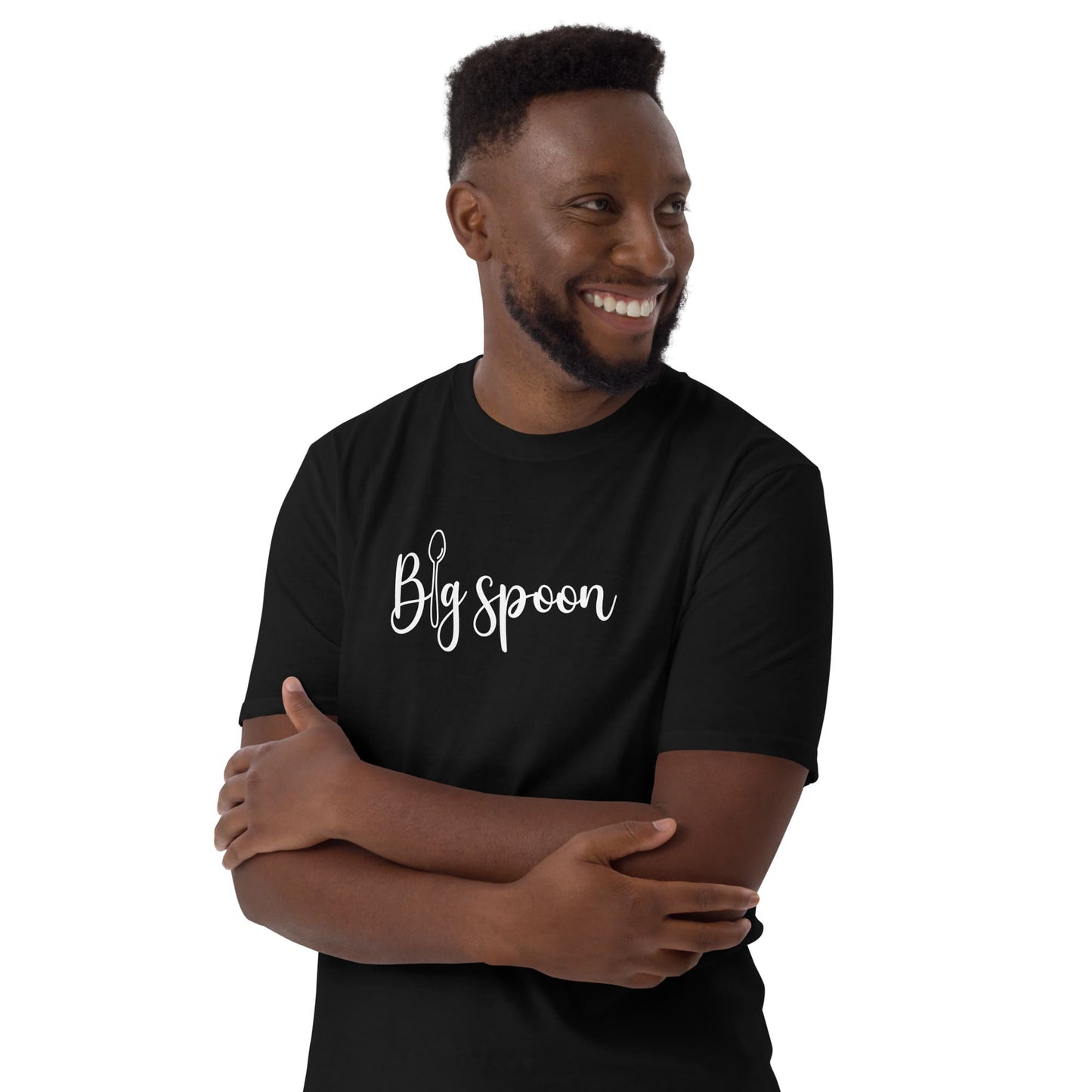 Polyamorous man wearing a black ENM t-shirt with 'Big spoon' text on a white background