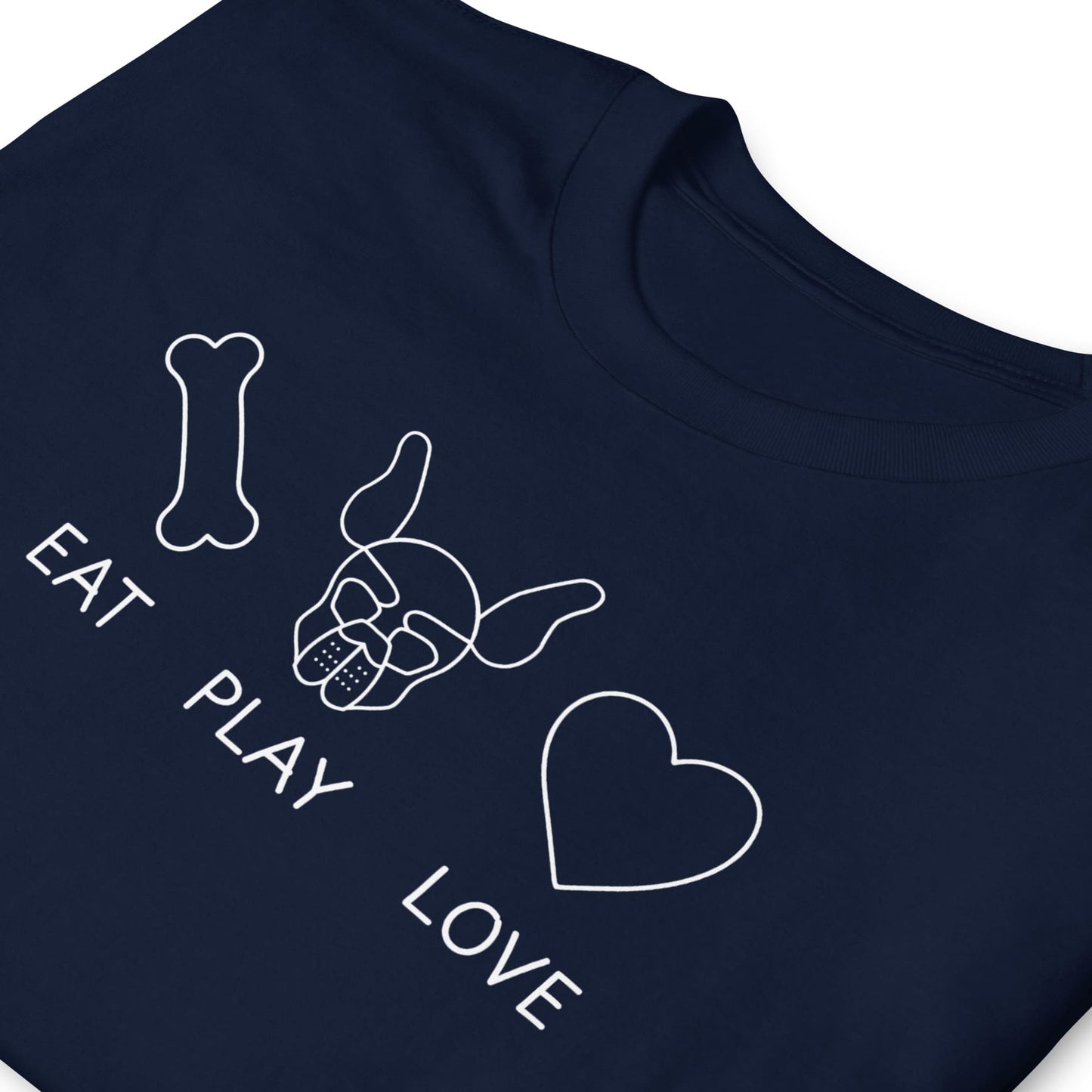 Navy blue t-shirt with white outline of a dog, bone, and heart with 'Eat Play Love' text: Pup Play Shirt, Funny Pet Play Tee, Puppy & Handler T-shirts, Human Puppy Shirt, Puppy Hood Tee, Gift, Petplay Gift