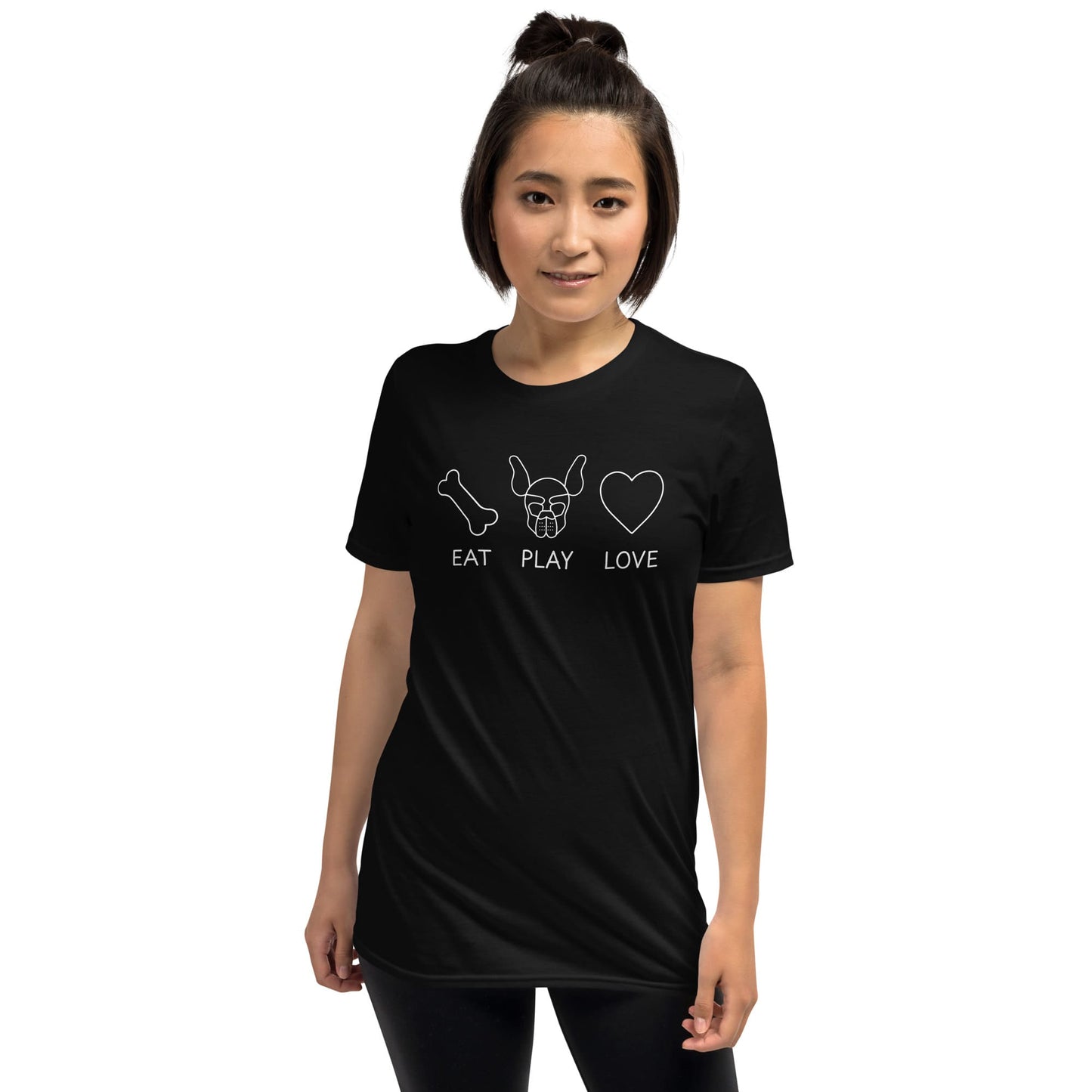 Person wearing a black t-shirt with white graphics and text on a white background: Pup Play Shirt, Funny Pet Play Tee, Puppy & Handler T-shirts, Human Puppy Shirt, Puppy Hood Tee, Gift, Petplay Gift