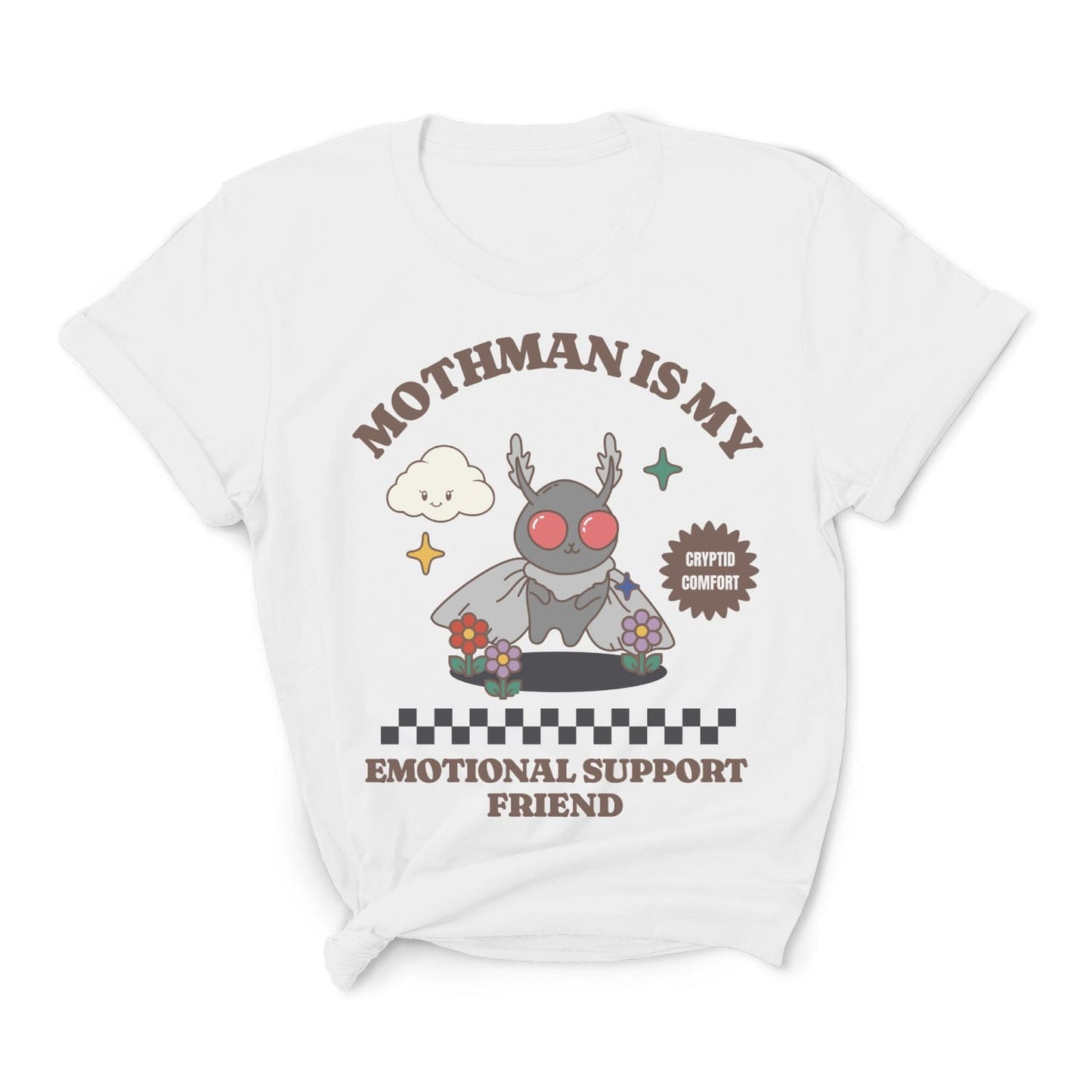 White t-shirt with a cartoon Mothman design and text on a white background: Mental Health Mothman Comfort Colors Shirt, Cute Cryptidcore Neurospicy Tee, Funny Weirdcore Gift, Neurodivergent Overstimulated T-Shirt