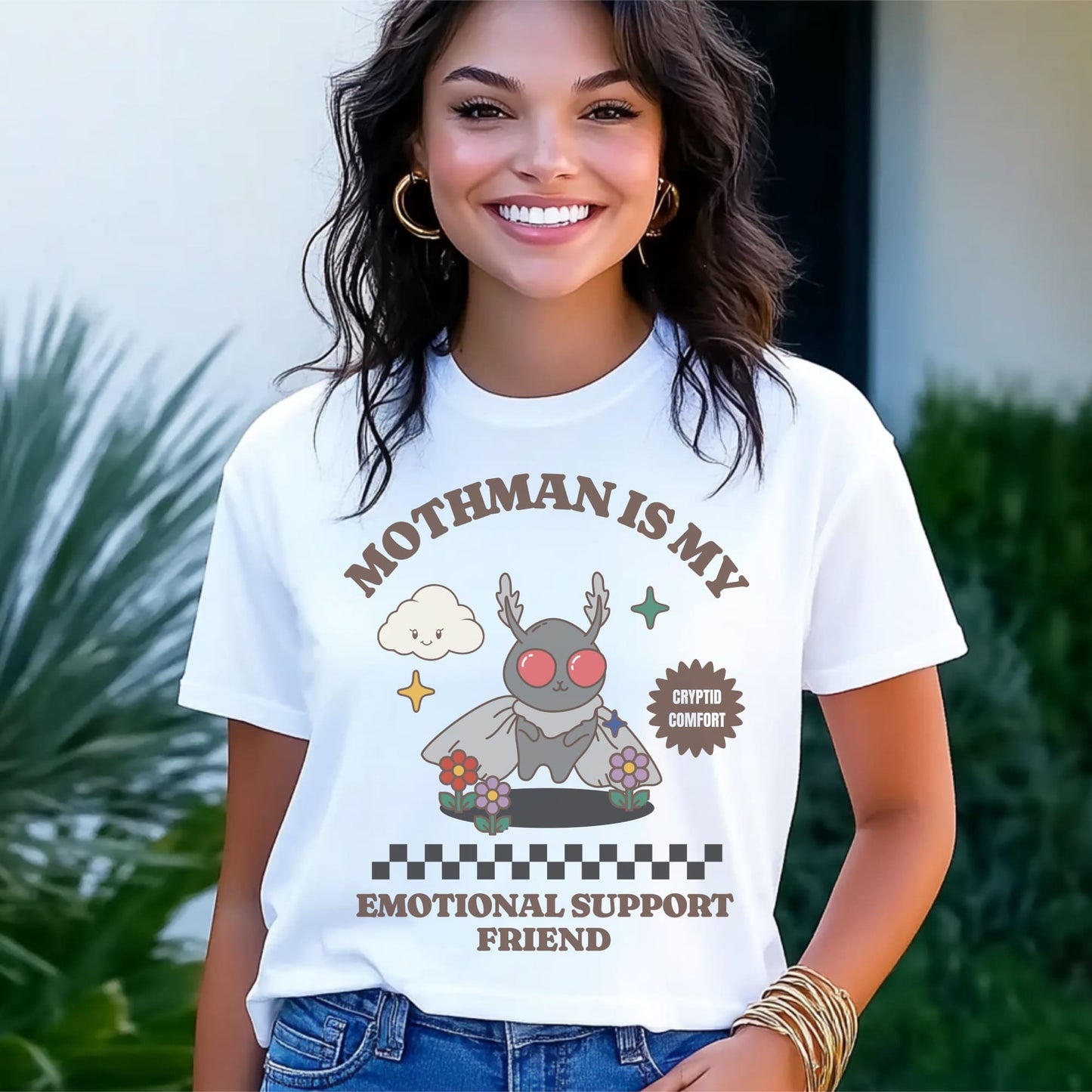 Person wearing a white t-shirt with a graphic design of Mothman and text 'Mothman is my emotional support friend': Mental Health Mothman Comfort Colors Shirt, Cute Cryptidcore Neurospicy Tee, Funny Weirdcore Gift, Neurodivergent Overstimulated T-Shirt