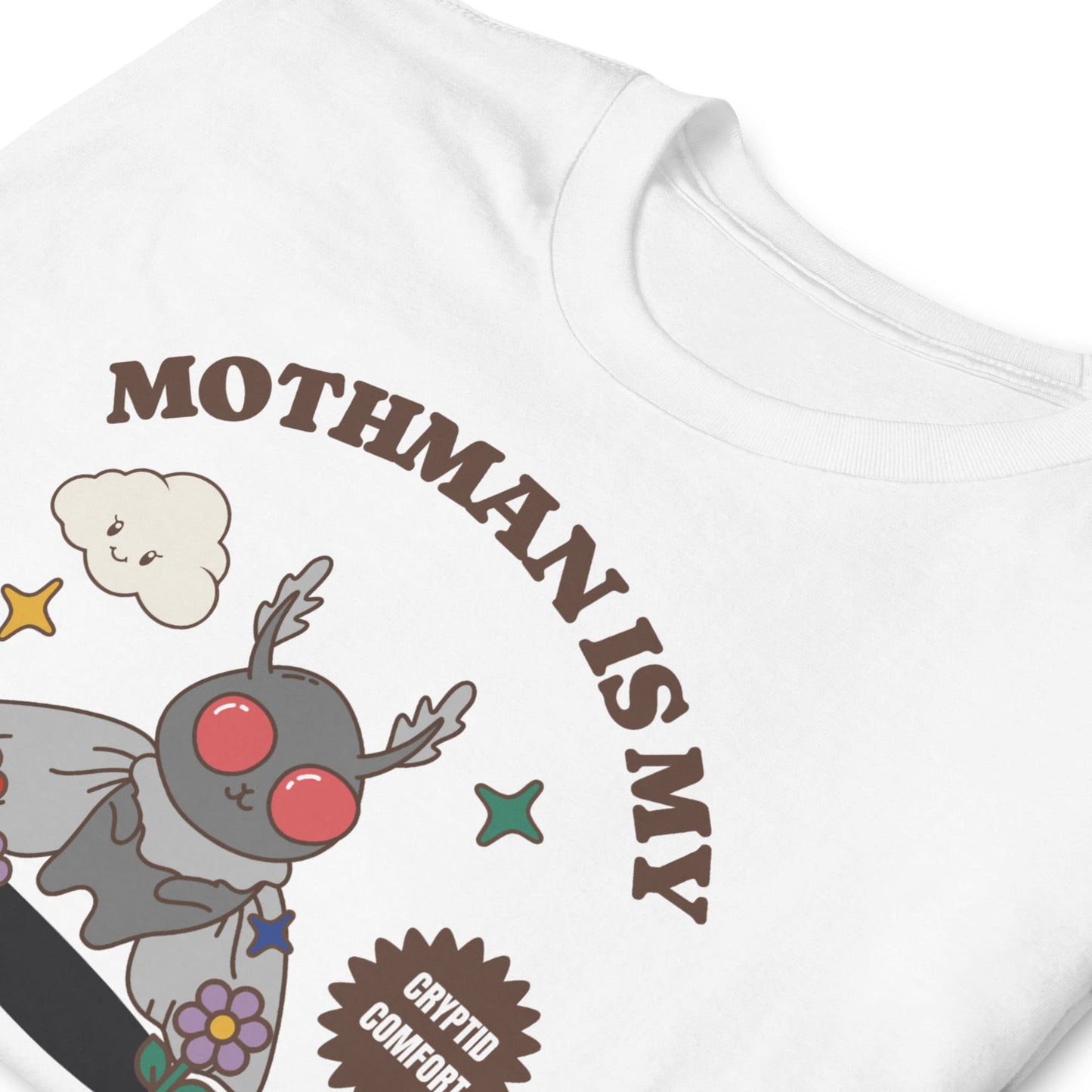 White t-shirt with cartoon Mothman design and text on a white background: Mental Health Mothman Comfort Colors Shirt, Cute Cryptidcore Neurospicy Tee, Funny Weirdcore Gift, Neurodivergent Overstimulated T-Shirt