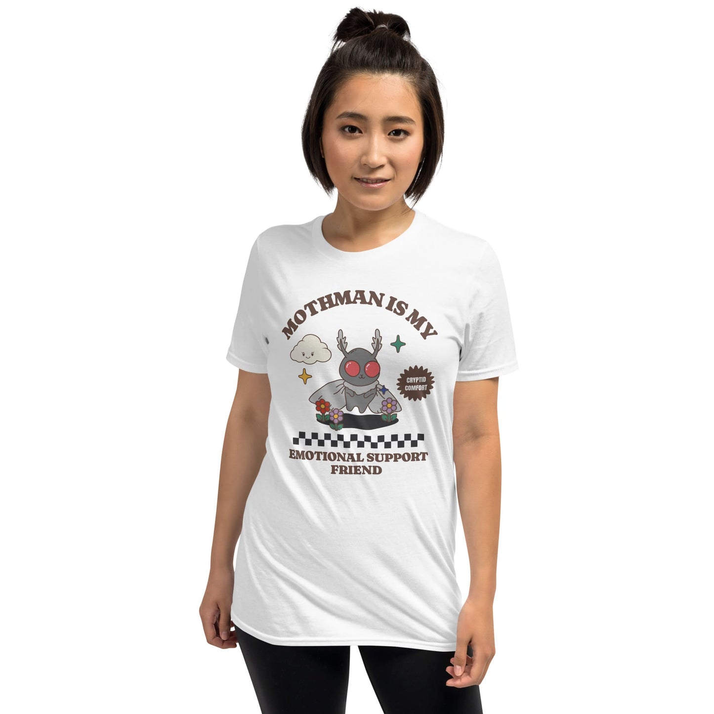 Person wearing a white t-shirt with a graphic design and text on a white background: Mental Health Mothman Comfort Colors Shirt, Cute Cryptidcore Neurospicy Tee, Funny Weirdcore Gift, Neurodivergent Overstimulated T-Shirt