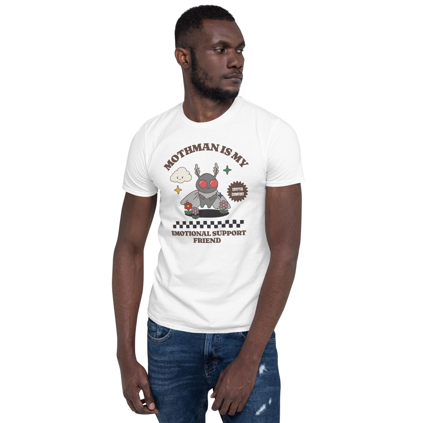 Man wearing a white t-shirt with a graphic design and text on a white background: Mental Health Mothman Comfort Colors Shirt, Cute Cryptidcore Neurospicy Tee, Funny Weirdcore Gift, Neurodivergent Overstimulated T-Shirt