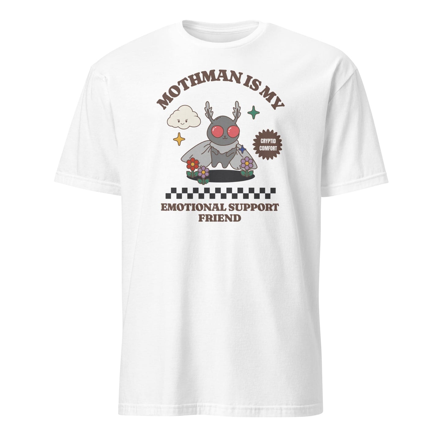 White t-shirt with a cartoon character and text on a white background: Mental Health Mothman Comfort Colors Shirt, Cute Cryptidcore Neurospicy Tee, Funny Weirdcore Gift, Neurodivergent Overstimulated T-Shirt
