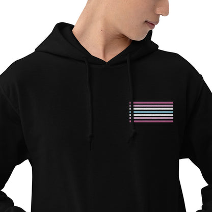 femboy hoodie, subtle femboi pride flag embroidered pocket design hooded sweatshirt, model 1