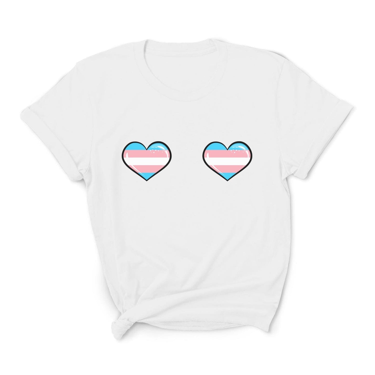Cheeky boobs mtf t-shirt with two hearts featuring the transgender flag design on a white background
