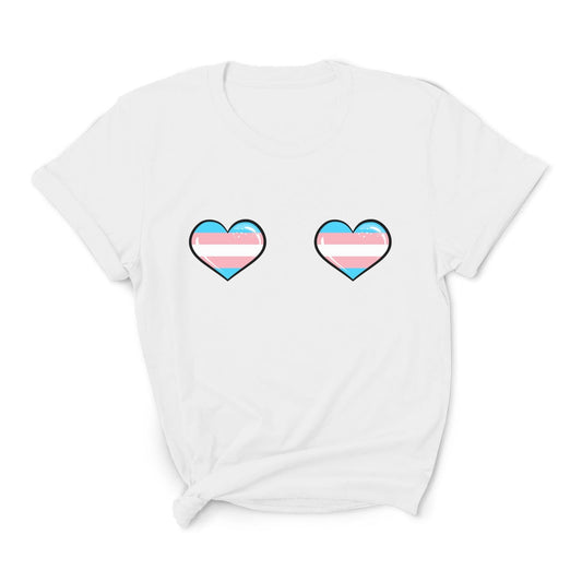 Cheeky boobs mtf t-shirt with two hearts featuring the transgender flag design on a white background