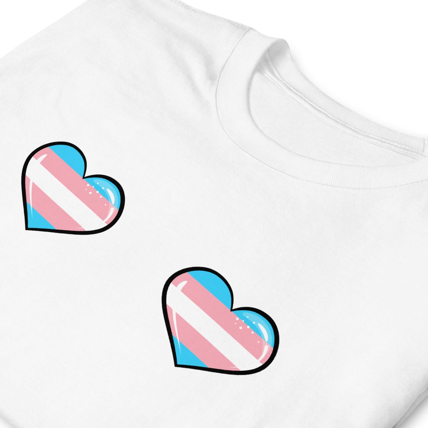 Whitshirt with two heart-shaped boobs featuring a transgender pride flag design on the chest.