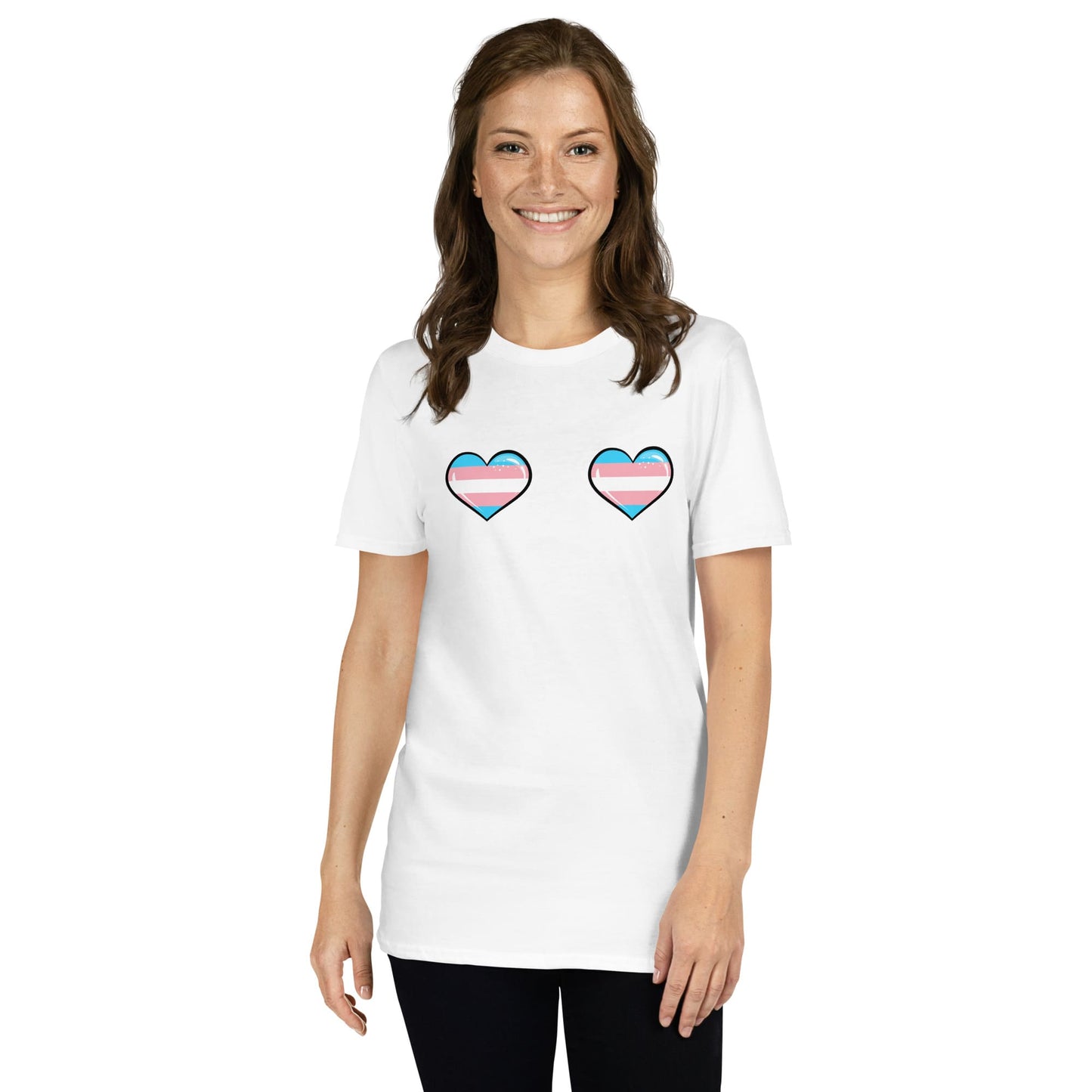 mtf trans woman wearing a white t-shirt with two heart symbols featuring the transgender flag design on a white background