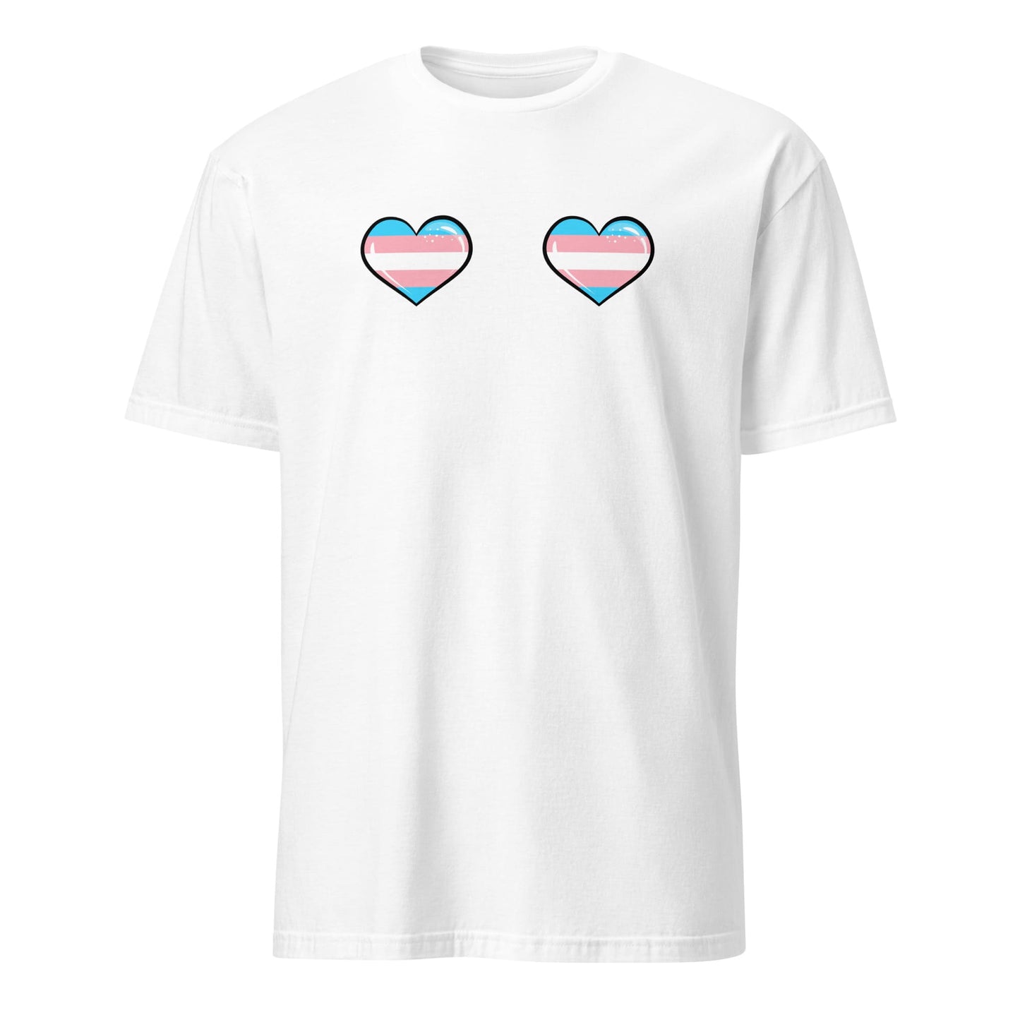 White mtf t-shirt with two heart-shaped transgender pride flag boobs on a white background