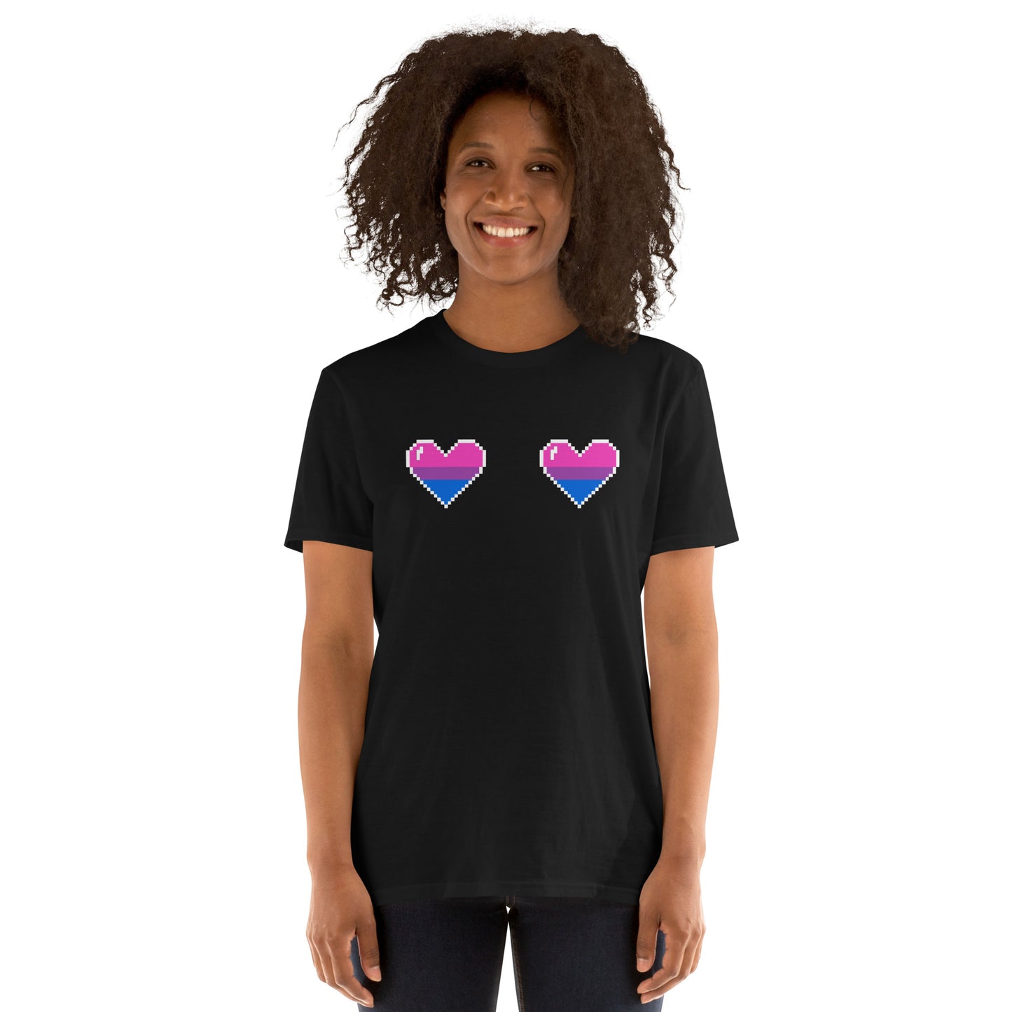 Person wearing a black t-shirt with bisexual pixelated hearts on a white background